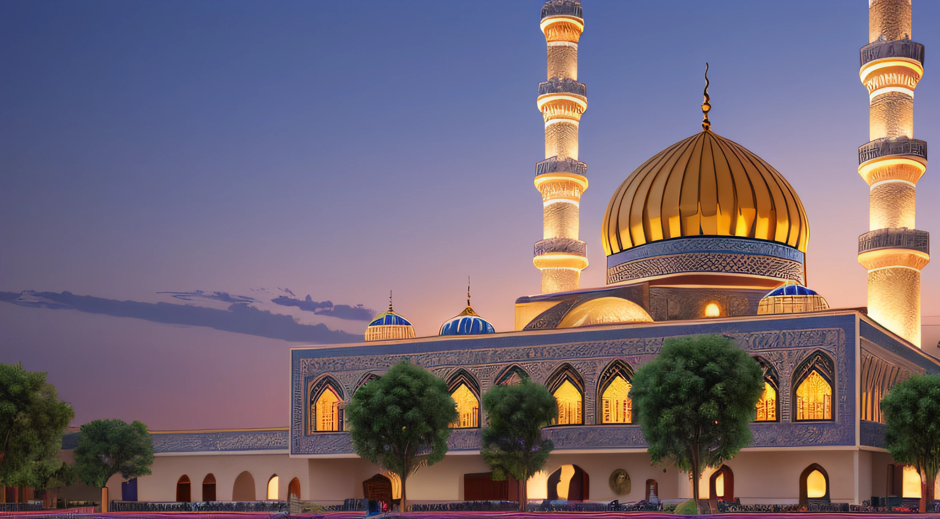 Create a captivating and detailed image of an iconic Islamic mosque. The mosque should be set against a tranquil dusk or dawn sky, illustrating a harmonious blend of architectural elegance and spiritual serenity. The mosque’s exterior should exhibit intricate Islamic geometric patterns and designs, adorned with domes and minarets. Style: Realistic with a touch of Surrealism, Aspect Ratio: 16:9, Quality: High Resolution, and Size: 500px.