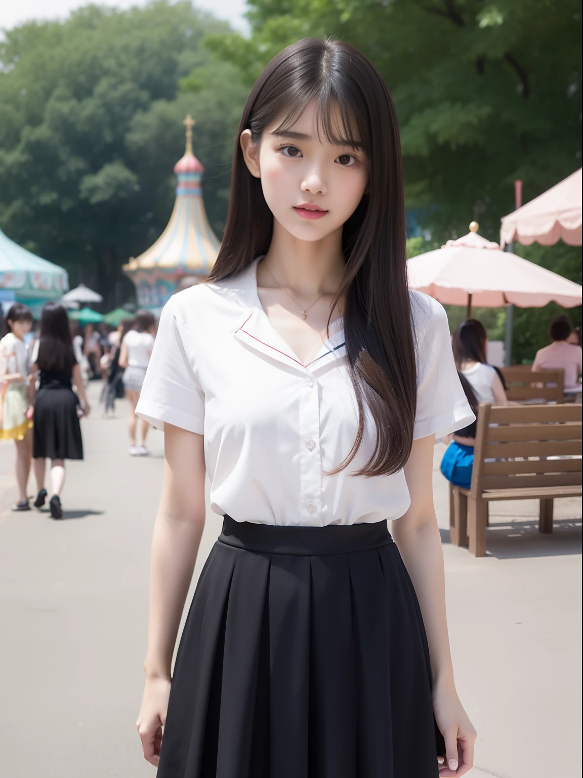 年轻,a miniskirt,Black Lolita Clothes,teens girl,Delicate body,petite body,Delicate body,small tits,tiny chest,A dark-haired,Very Longhair,An amusement park