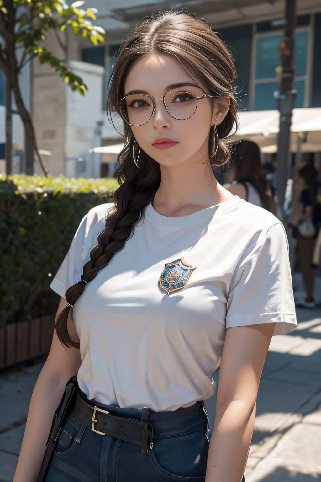 (realista: 1.4), melhor qualidade, ultra high-resolution, 4k, foto para redes sociais , Aviator style face glasses with silver lens , detalhes intricados , altamente detalhado, Uma garota 25 anos , brown hair with braids , Cop , Musculosa , (uniforme da policia sexy , camiseta aberta com seios a mostra : 1.2), ((glasses with silver face lens : 1.3)) , algemas na cintura , Manga comprida, cabelo comprido , franja, tudo muito detalhado , sorrindo , (( dias escuros )) , Alto contraste , Anoitecendo , Background flowers falling behind her , HDR , cinematic picture ,