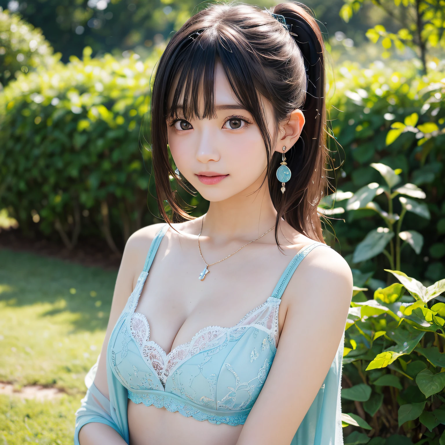 2 girls in、pony tail hair,masutepiece, Best Quality, 8K, , Teen, Raw ph absurderes, award winning portrait, Smile, Botanical Garden, neons, Idol face, violaceaess, gardeniass, Delicate girl, Upper body, Digital SLR, Looking at Viewer, Candid, Sophisticated, zora々Right, Thin arms, Professional Lighting, Film grain, chromatic abberation, (Eyes and faces with detailed:1.0), (Bokeh:1.1),Luxurious blouses、intricate lace、intricate hair ornament、Complex earrings、Complex necklaces、Beautiful breasts、shawls、Pink and light blue,cleavage of the breast、