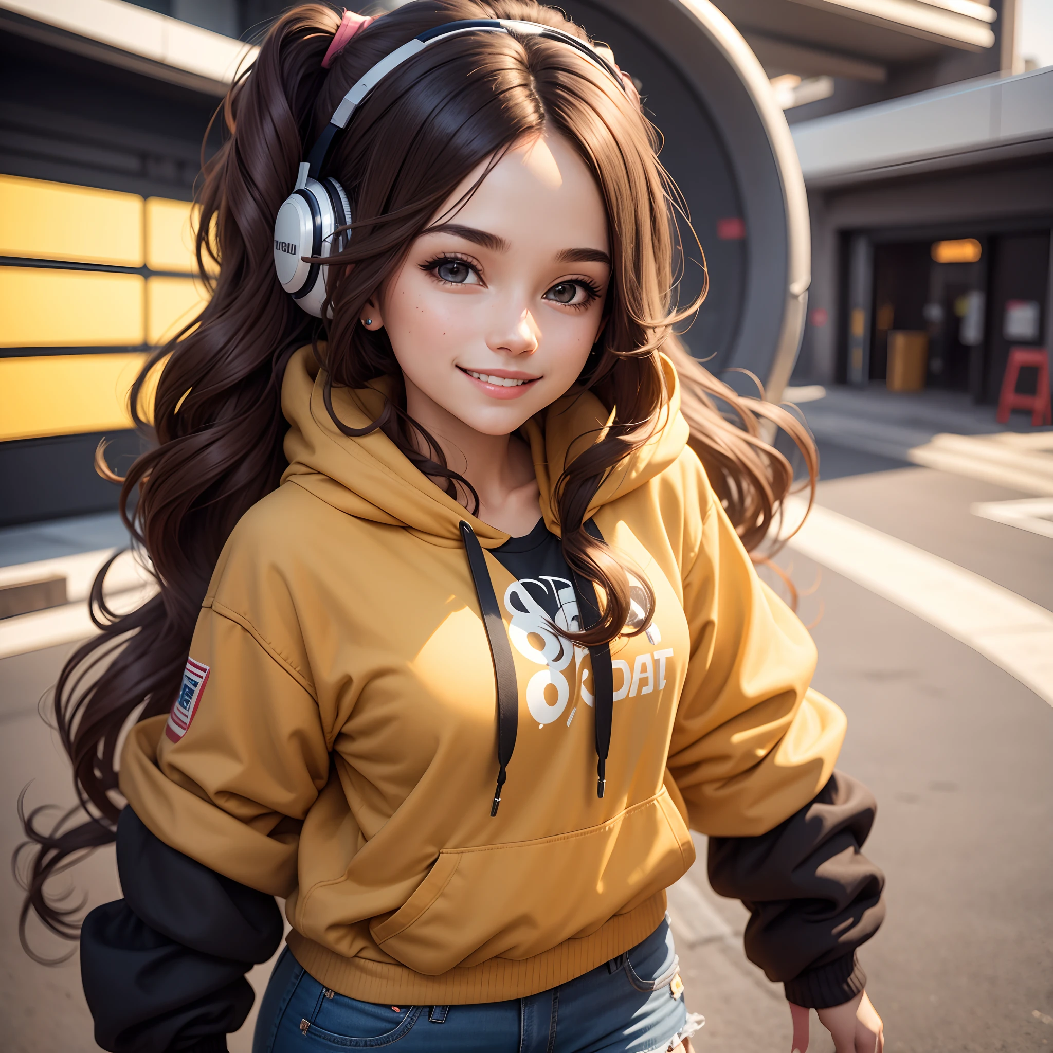 Young lady, age 23, long wavy hair [[[middle part hair cut]],  Brown hair color, Tomboy clothing, hoodie, wearing headphone [[[solo girl]]], smile at camera, 8k resolution, depth, collage enviroment. Bright clothing color, mature body, B cup breast,