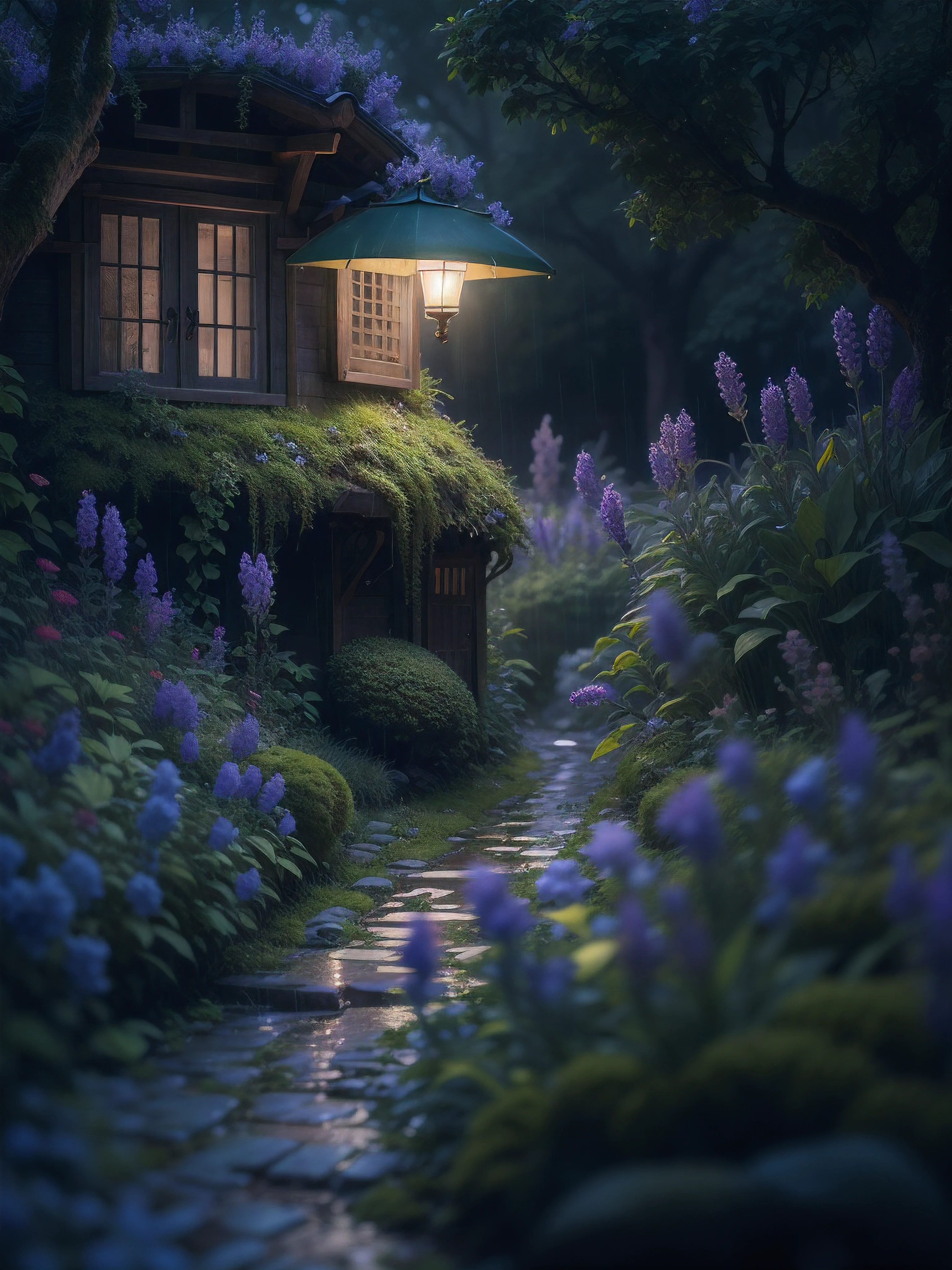 imagine in a small town on a rainy night, in the garden of a house, streetlamp, color, a little moss, shady house in a forest in stormy weather, Lavender, flower, Miki Asai Macro photography, close-up, hyper detailed, trending on artstation, sharp focus, studio photo, intricate details, highly detailed, by greg rutkowski