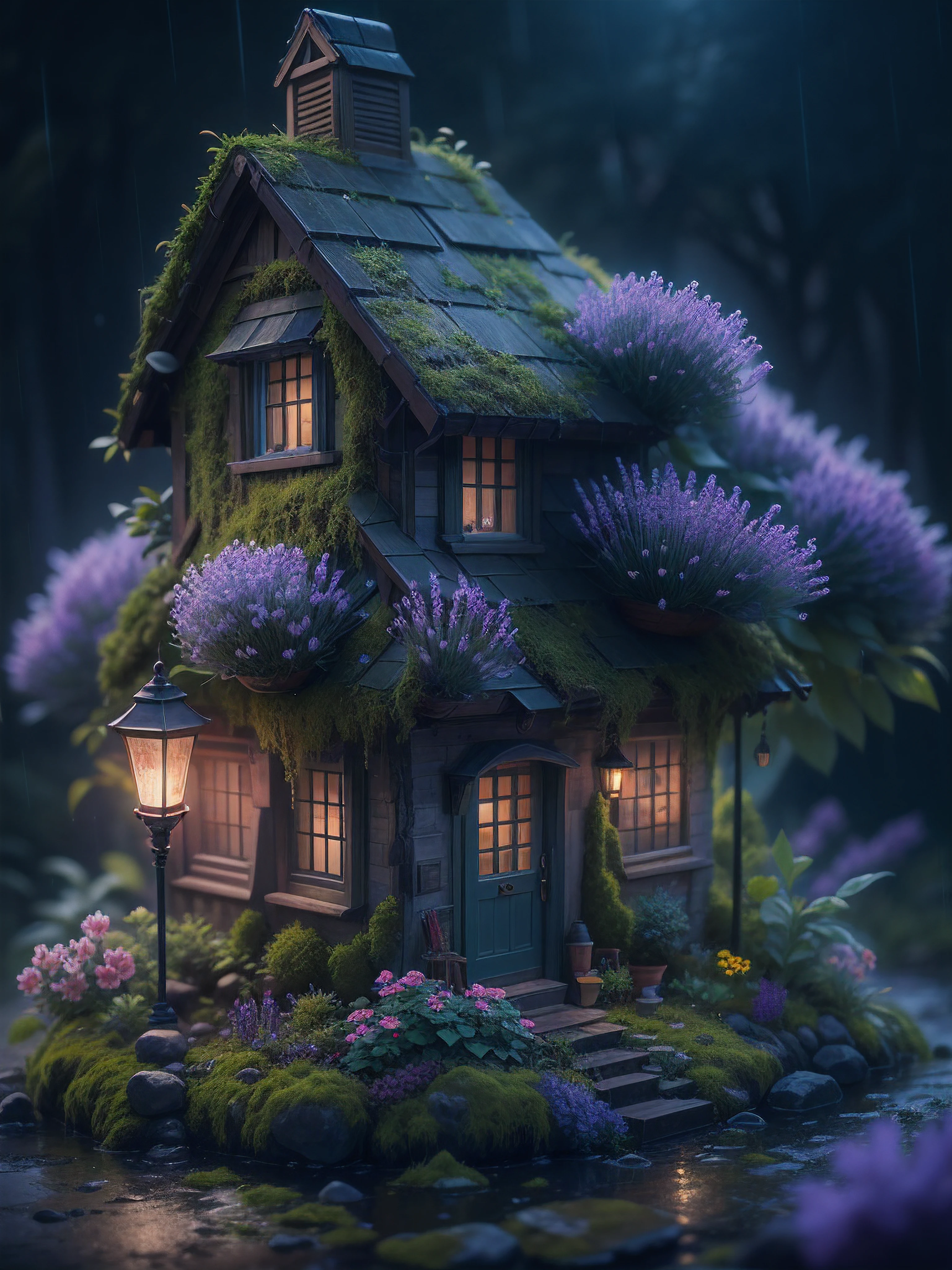 imagine in a small town on a rainy night, in the garden of a house, streetlamp, color, a little moss, shady house in a forest in stormy weather, Lavender, flower, Miki Asai Macro photography, close-up, hyper detailed, trending on artstation, sharp focus, studio photo, intricate details, highly detailed, by greg rutkowski
