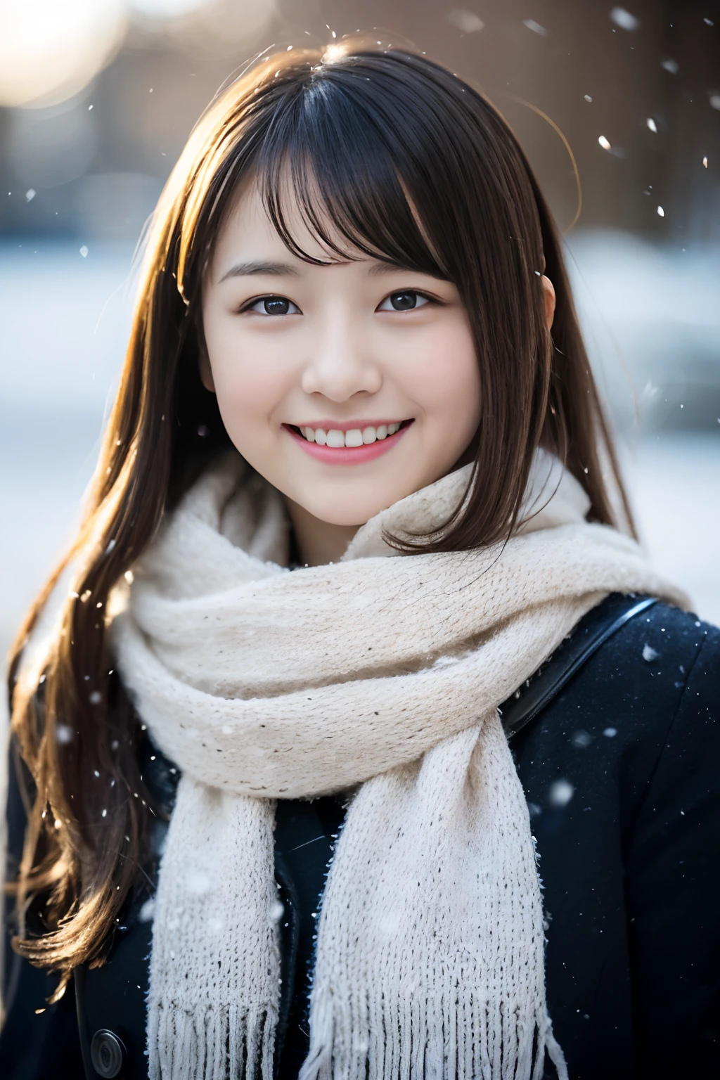(((The bikini、cleavage of the breast)))、(realisitic、Photorealsitic、ultra-detailliert、Highest Details Skins、top-quality、masterpiece、超A high resolution)、Cute Japan Woman、17 age、hi-school girl、younggirl、1 girl in、I have bangs、二重まぶた、drooing eyes、Large black eyes、Japanese style face、ssmile、Charming、purity、Cute smile、double tooth、View here、Realistic skin type、Thick muffler、Grey muffler、fluffy hair、((Hair is inside the scarf))、Red cheeks、The wind is blowing、It's snowing、illuminations、Lighting from behind