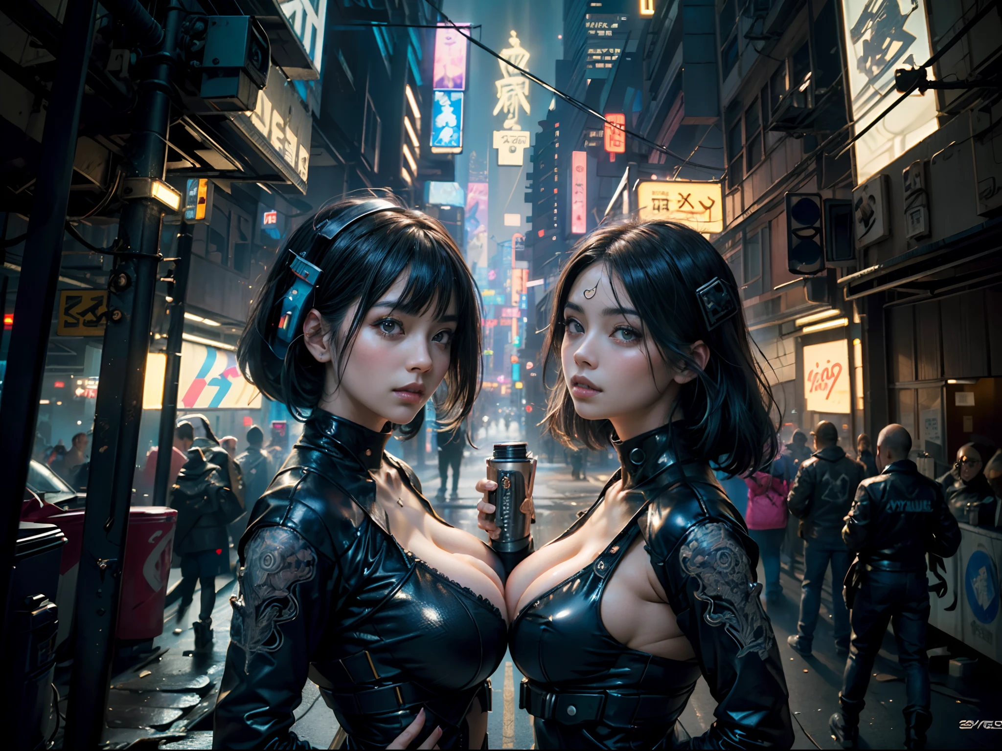 (Beautiful Asian identical twin cyberpunk girls), cowboy shot, (((facing camera))), wearing colorful tech jacket, ((ultra detailed neon cyberpunk futuristic city )), black long shapeless hair, detailed and intricate ((cyberpunk city streets background)), featuring high-tech holographic projections and sleek architecture, art by (((Syd Mead, Masamune Shirow))), (highly detailed photo realistic), sharp focus, ultra high quality, vibrant, (big breasts:1.7), shiny latex is black, latex stockings, long shapeless hair, (shiny skin:1.4), shiny lips, (symmetrical detailed face:1.7), toned, sexy, masterpiece, (cinematic lighting).