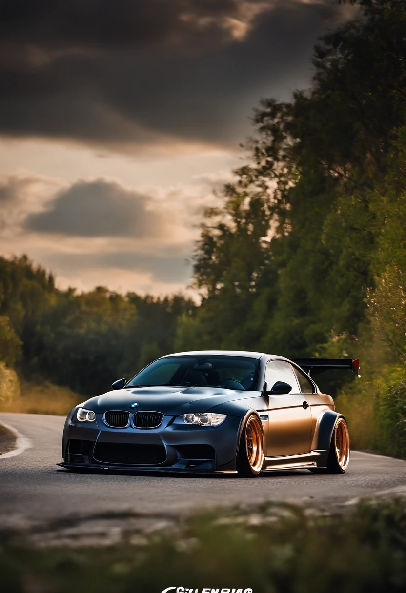 BMW with liberty walk bodykit, walk in motion on a scenic road, Masterpiece, realistic, hd, modified, nismo, hi performance, high speed, Don’t make photos too cartoony. Showing the integration between the car and the environment.