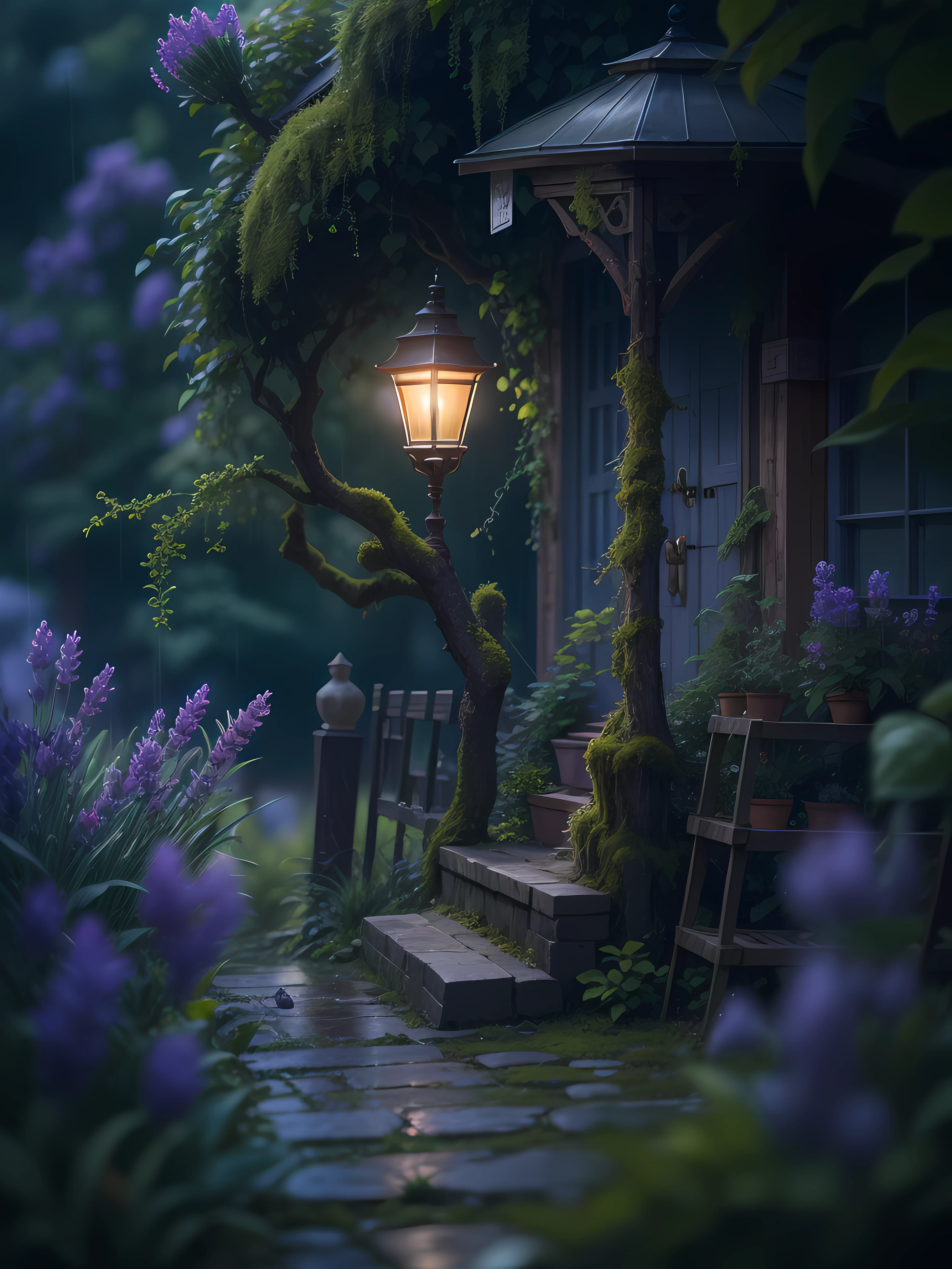imagine in a small town on a rainy night, in the garden of a house, streetlamp, color, a little moss, shady house in a forest in stormy weather, Lavender, flower, Miki Asai Macro photography, close-up, hyper detailed, trending on artstation, sharp focus, studio photo, intricate details, highly detailed, by greg rutkowski