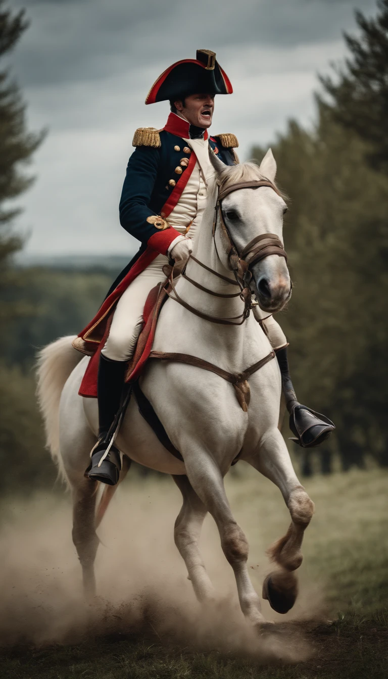 Napoleon Bonaparte, on horseback, screaming victorious, real life photo, perfect quality, french military attire, 8k
