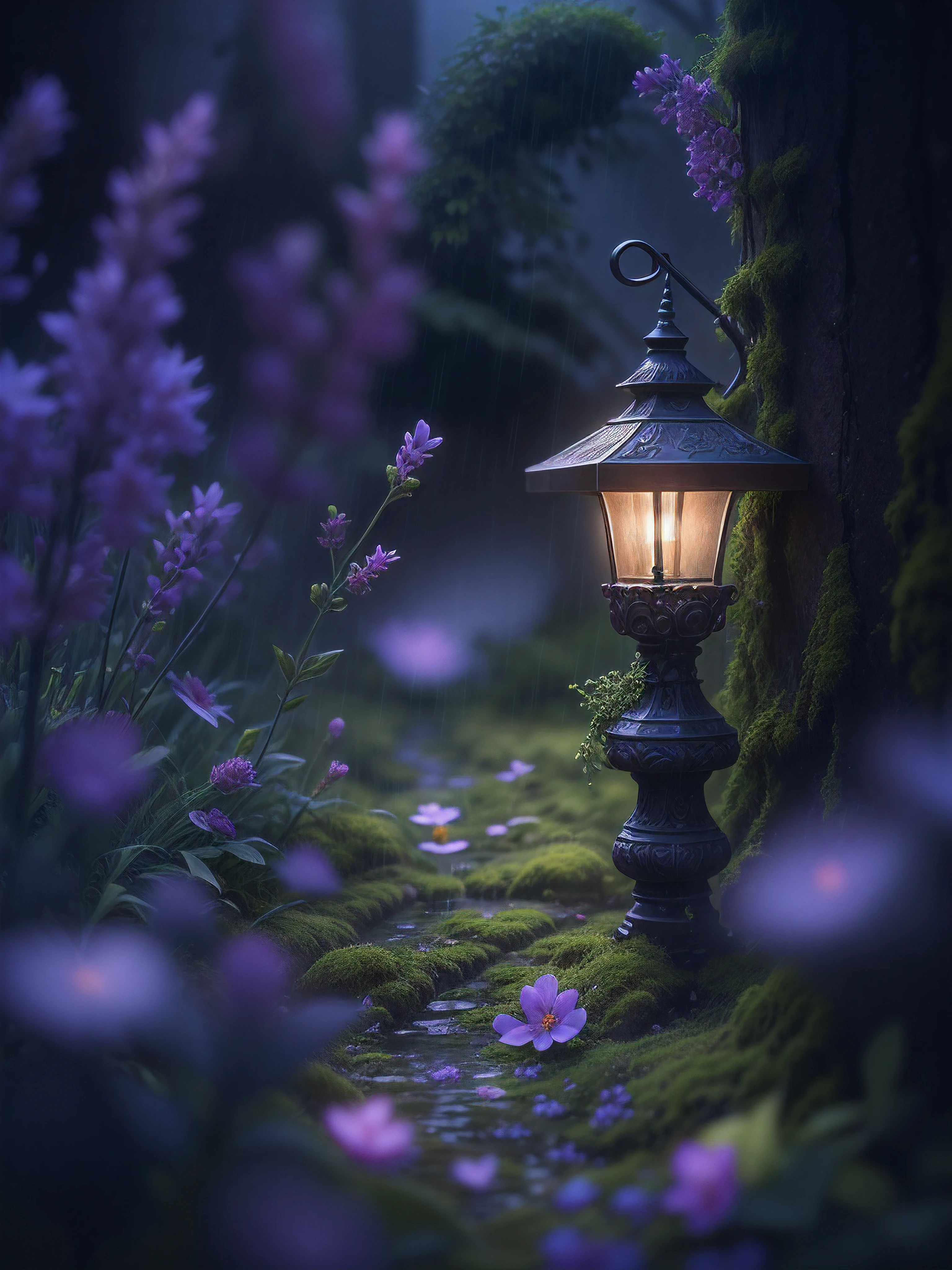 imagine in a small town on a rainy night, in the garden of a house, streetlamp, color, a little moss, shady house in a forest in stormy weather, Lavender, flower, Miki Asai Macro photography, close-up, hyper detailed, trending on artstation, sharp focus, studio photo, intricate details, highly detailed, by greg rutkowski