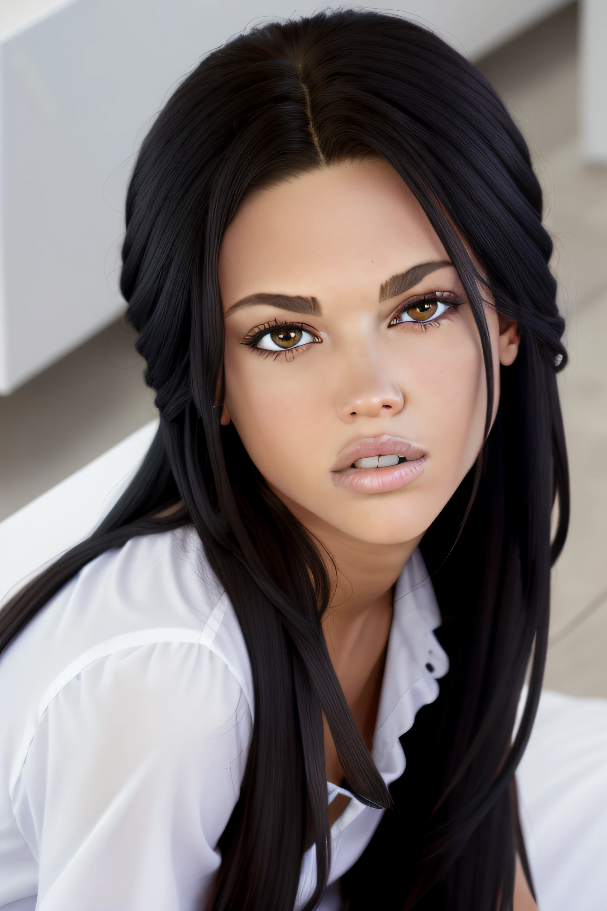 Top Quality, Masterpiece, Ultra High Definition, (Photorealistic:1.4), 1Girl, caucasian, tanned, Look Viewer, Black_Hair, Black Eyes, White Shirt, glamor, attractive, pretty, beautiful, perfect,