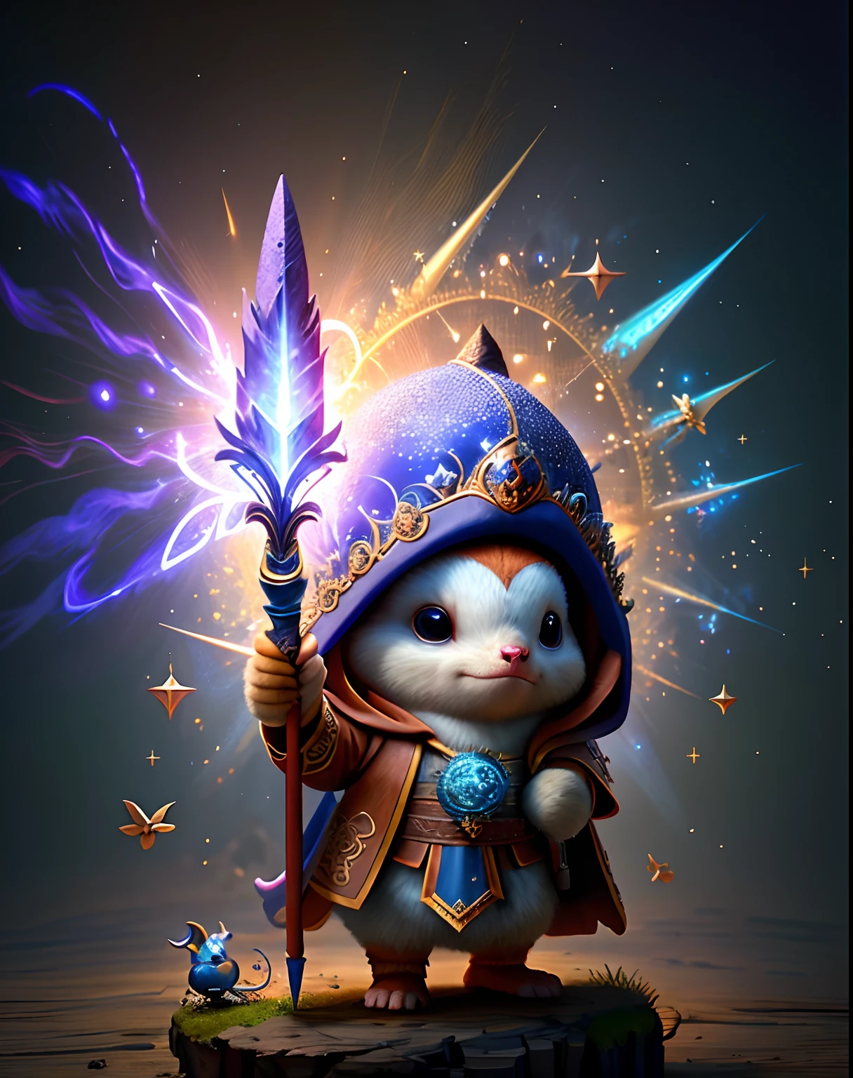 Top image quality、"Create a masterpiece of cute creatures. (echidna), high detailing, in 8K、only one character is generated、Top image quality、Dressed as an adventurer、(((((Holding a large magic wand in your hand)))))、(((Game Monk Costume)))、Under attack、