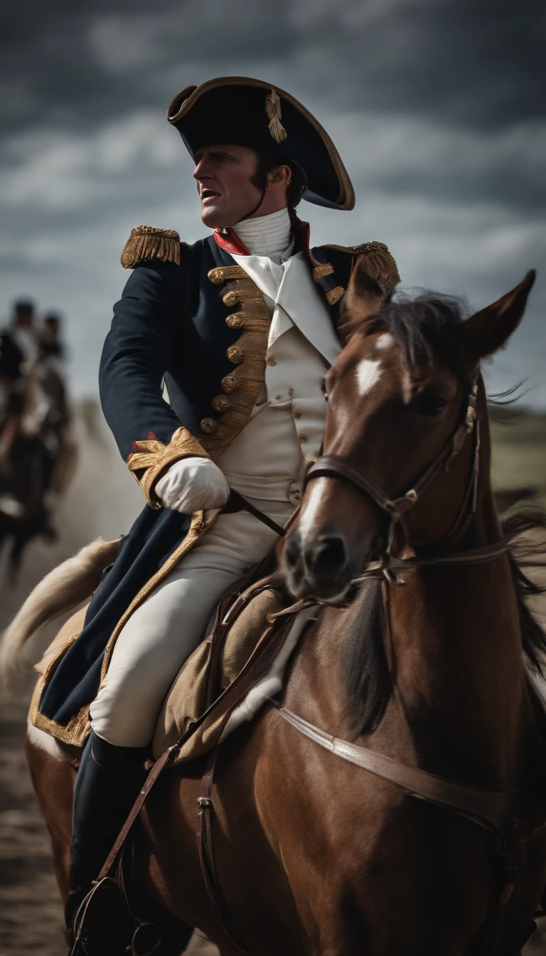 Napoleon Bonaparte, on horseback, screaming victorious, real life photo, perfect quality, french military attire, army around, 8k