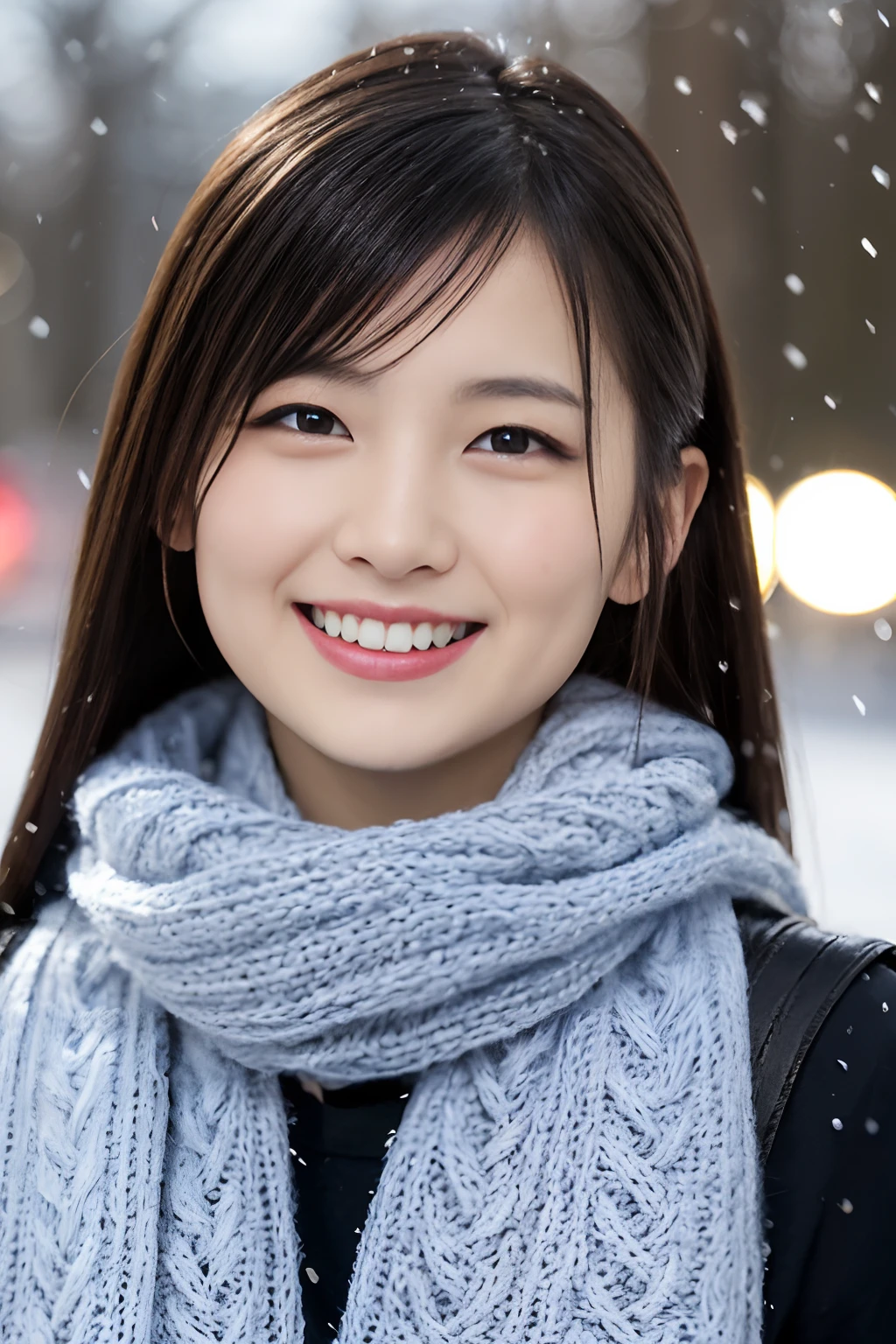 ((Show face only、Close-up of face、no-makeup))、(realisitic、Photorealsitic、ultra-detailliert、Highest Details Skins、top-quality、masterpiece、超A high resolution)、Cute Japan Woman、17 age、hi-school girl、younggirl、1 girl in、I have bangs、二重まぶた、drooing eyes、Large black eyes、Japanese style face、ssmile、Charming、purity、Cute smile、double tooth、View here、Realistic skin type、Thick muffler、Grey muffler、fluffy hair、((Hair is inside the scarf:1.3))、Red cheeks、The wind is blowing、It's snowing、illuminations、Lighting from behind