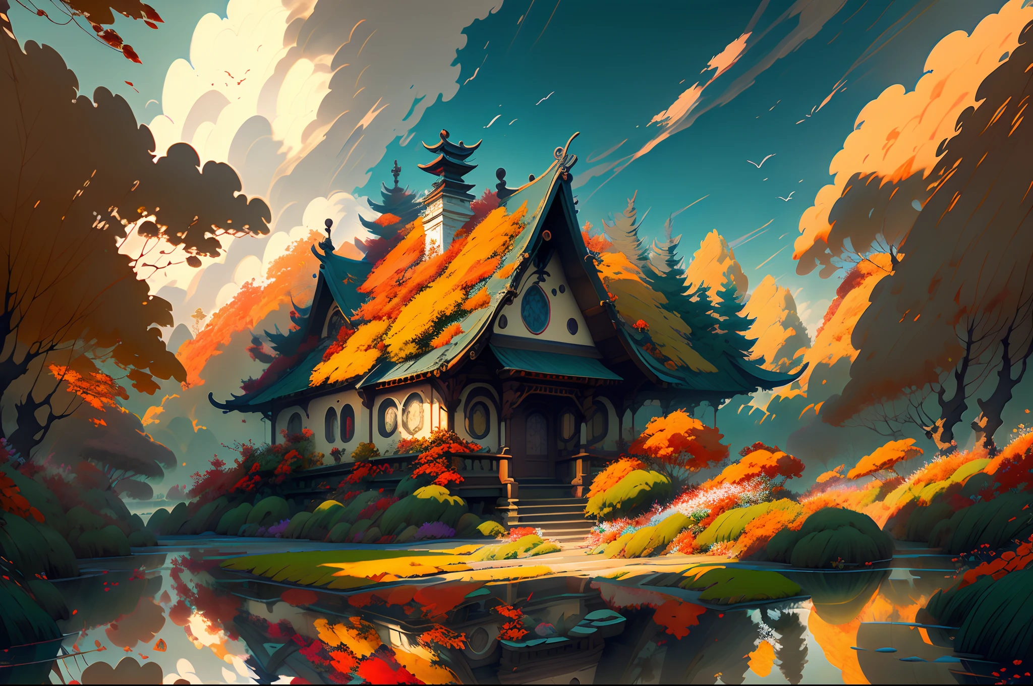 (Best quality), (masterpiece:1.3), Fantastic Magic World, autumn clouds, scattered clouds, Scenic center, clear cloud sky, water reflections, Yellow ginkgo, orange maple and red maple,