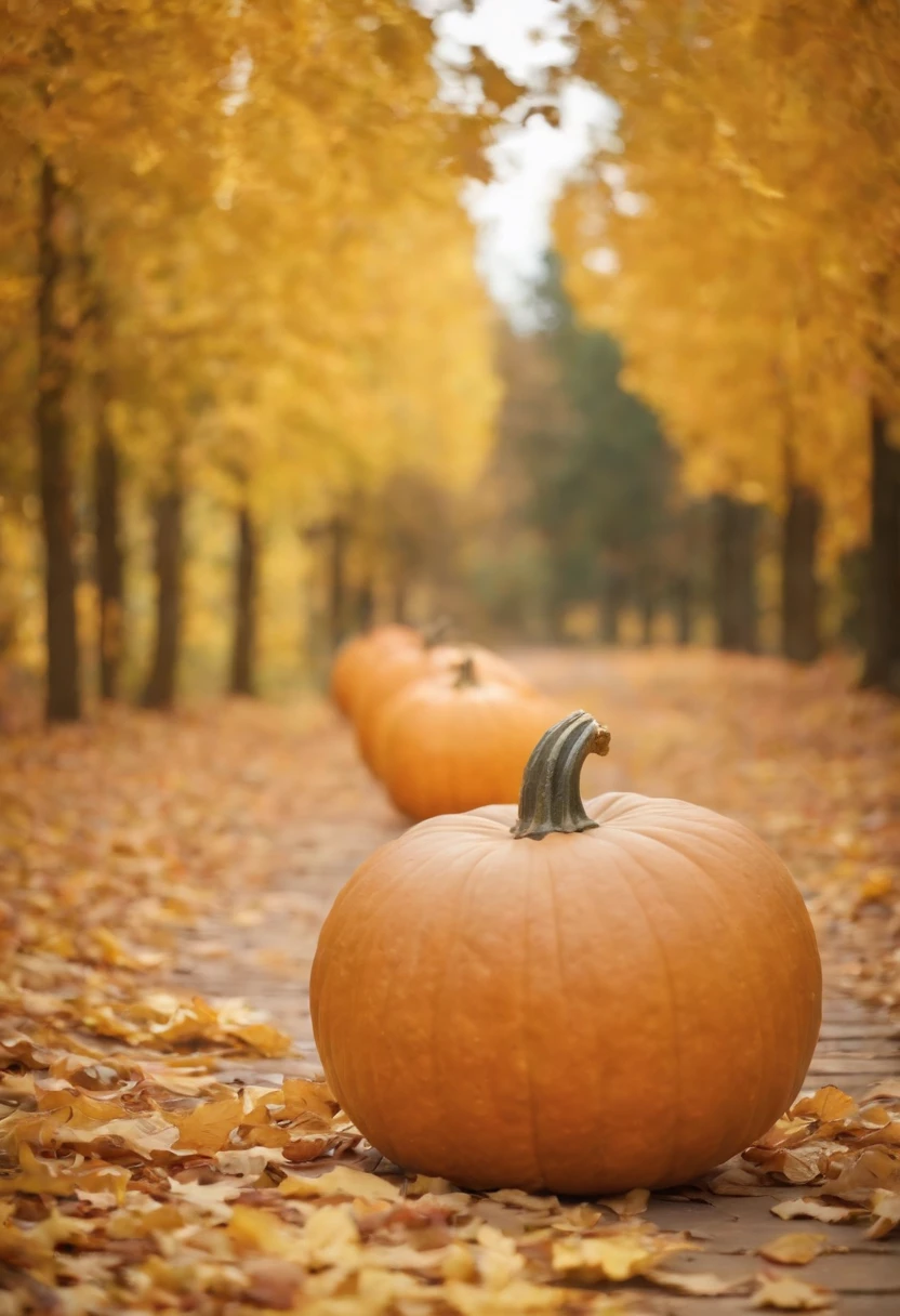 autumn, A large pumpkin lies on the path, a beautiful background, leaves, the trees, bokeh background