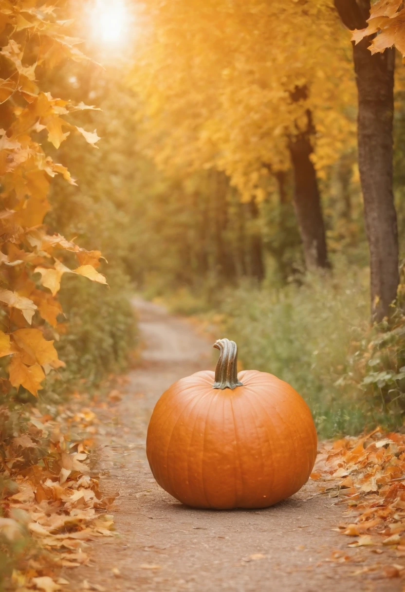 autumn, A large pumpkin lies on the path, a beautiful background, leaves, the trees, bokeh background