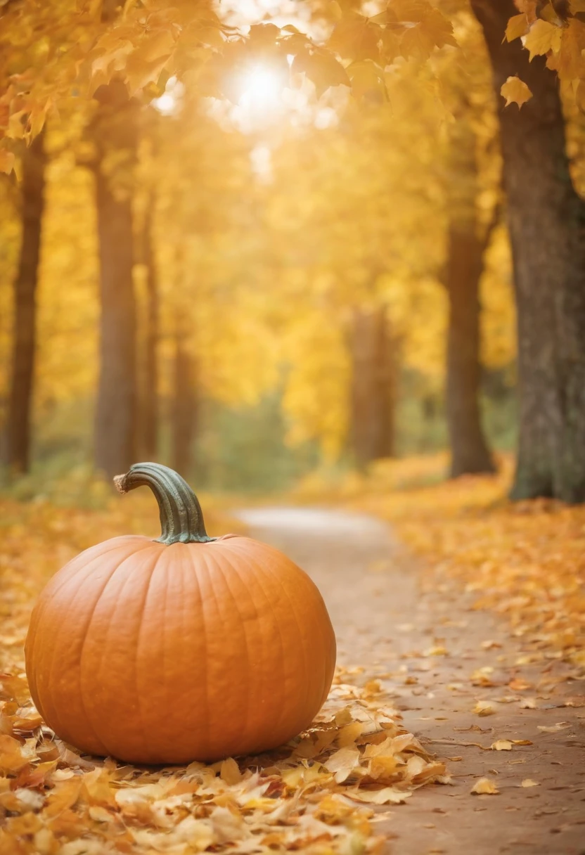 autumn, A large pumpkin lies on the path, a beautiful background, leaves, the trees, bokeh background