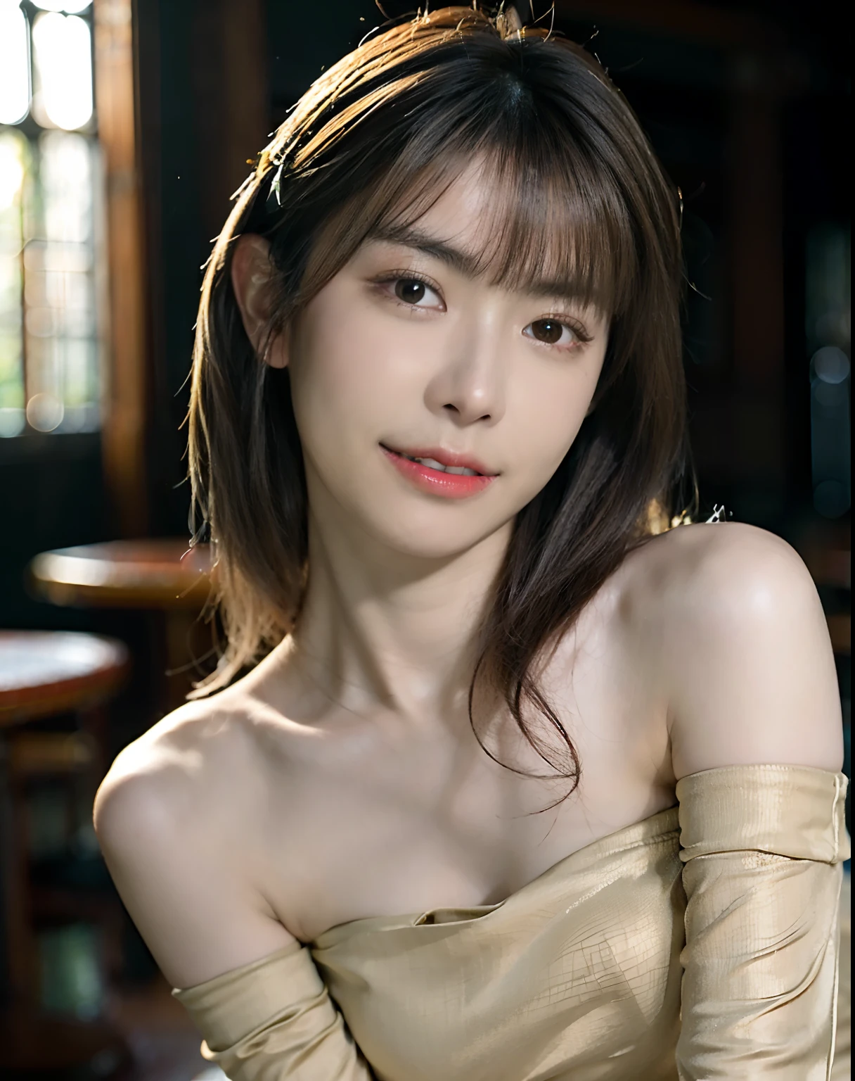 best quality, face focus, soft light, (depth of field) ,ultra high res, (photorealistic:1.4), RAW photo, (portrait:1.4) ,(from front)
1japanese girl, solo, cute, (shy, smile:1.1), (brown eyes),  detailed beautiful face, (midi_hair),
The Great Hall of a European Castle, walking,
(off shoulder shirt)