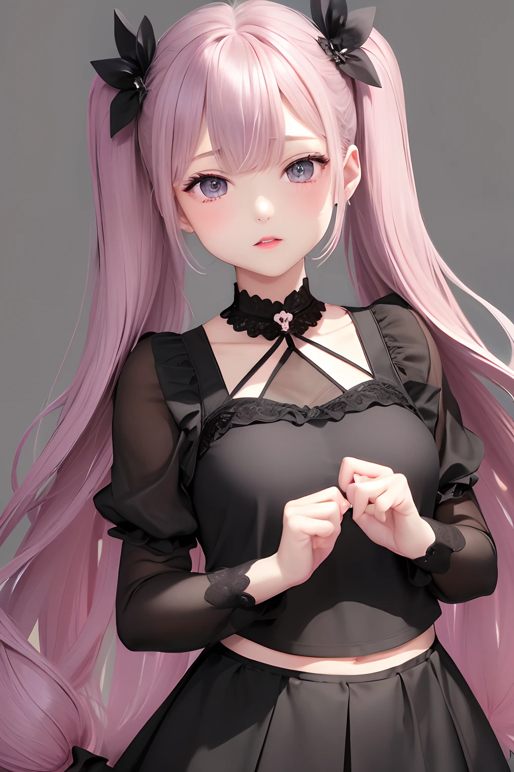 (Black background)(Piano performance)(Twin-tailed)(a very delicate and beautiful)、a very delicate and beautiful)、(Dark hair)(tshirts)(Purple Mesh))(tshirts)、dynamic ungle、portlate)、(smooth hair)、(Big eyes)beautiful countenance、de pele branca、depth of fields、radiant lips、Black background、