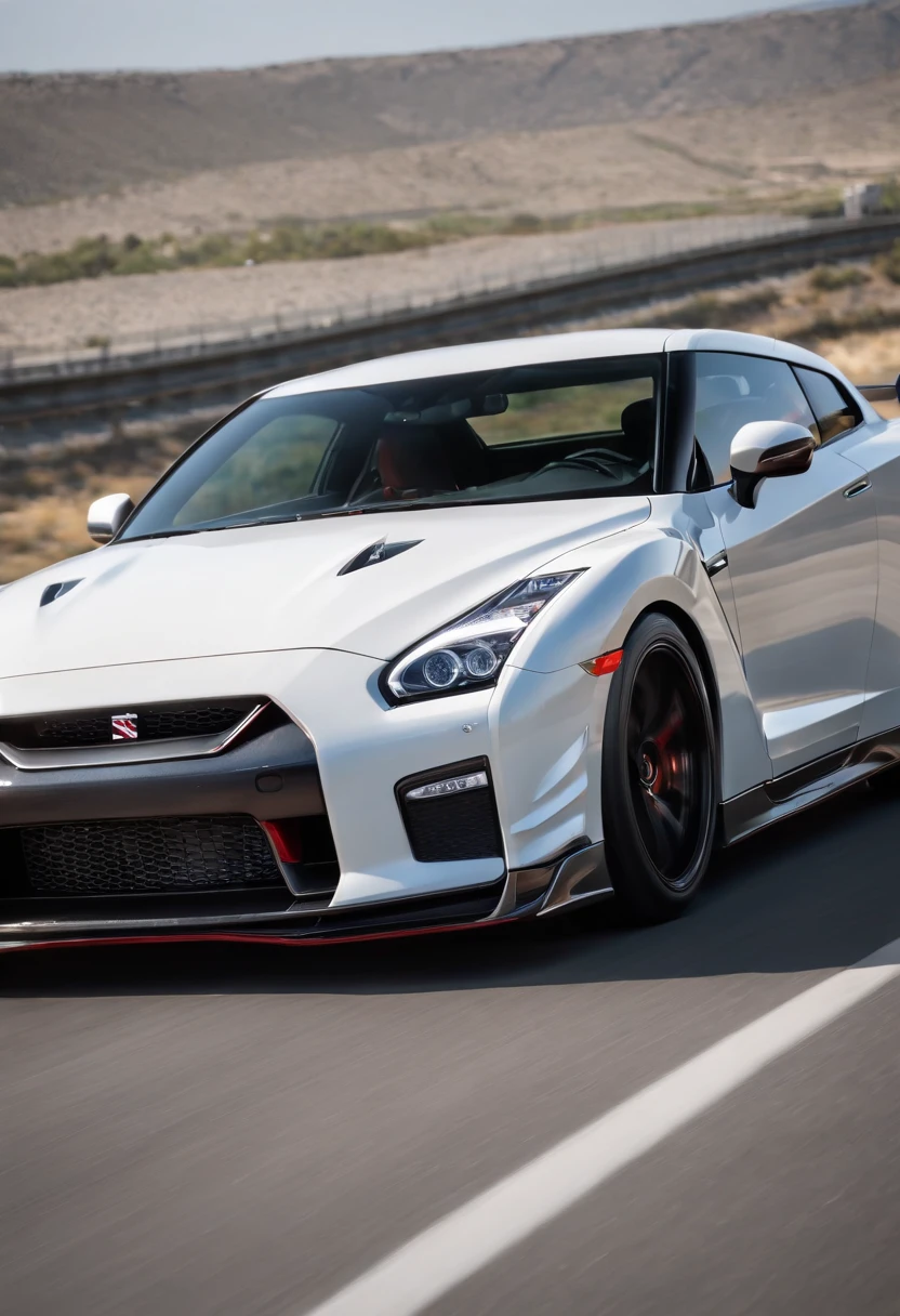Masterpiece, realistic, hd, modified, nismo, hi performance, high speed, white color nissan gtr r-35, driving on the highway road, in sunshine morning, Don’t make photos too cartoony.
