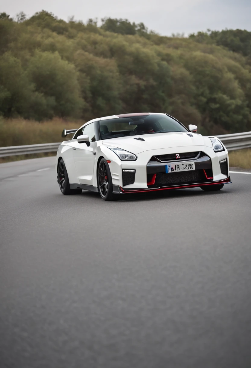 Masterpiece, realistic, hd, modified, nismo, hi performance, high speed, white color nissan gtr r-35, driving on the highway road, in sunshine morning, Don’t make photos too cartoony.