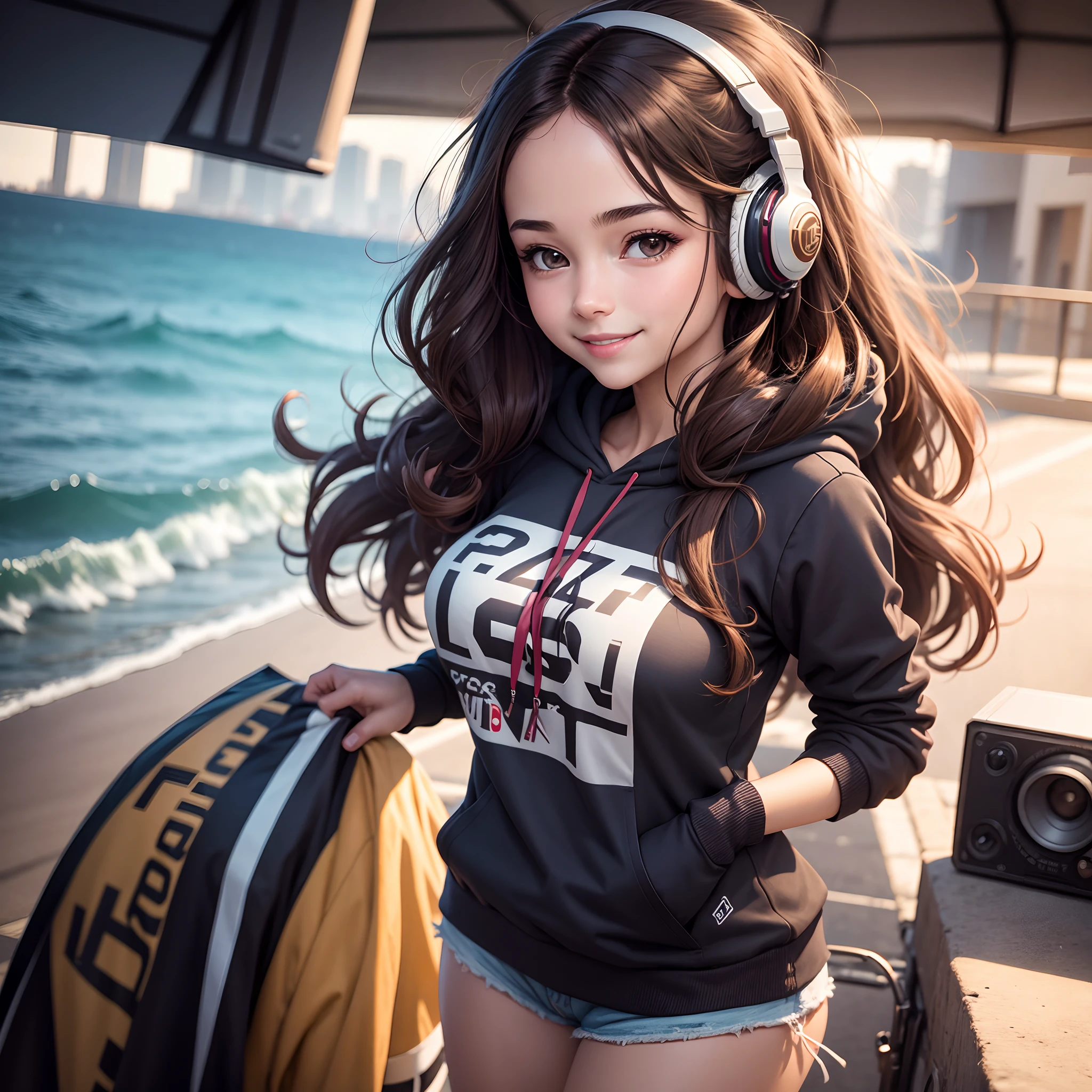 Young lady, age 23, long wavy hair [[[middle part hair cut]],  Brown hair color, Tomboy clothing, hoodie, wearing headphone [[[solo girl]]], smile at camera, 8k resolution, depth, collage enviroment. Bright clothing color, mature body, B cup breast, 1 girl.