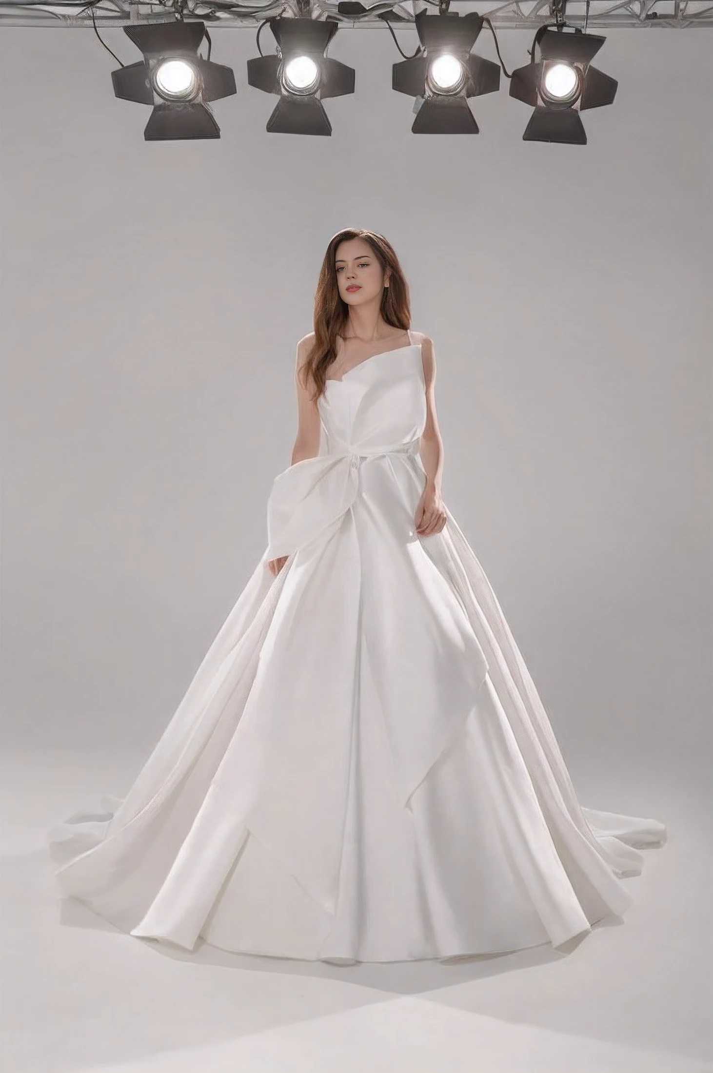 a woman in a white wedding dress standing in front of a spotlight, fluttering dress, vestido branco, vestir. detalhes extremamente altos, elegant asymmetrical, vestido, prata,marfim, Nikolay, romantic gown, inspirado em Demetrios Farmakopoulos, vestido vestido bonito vestido, vestindo vestido longo, Flowing dress, vestido elegante macio, elegante e gracioso, vestido longo, vestido de noiva