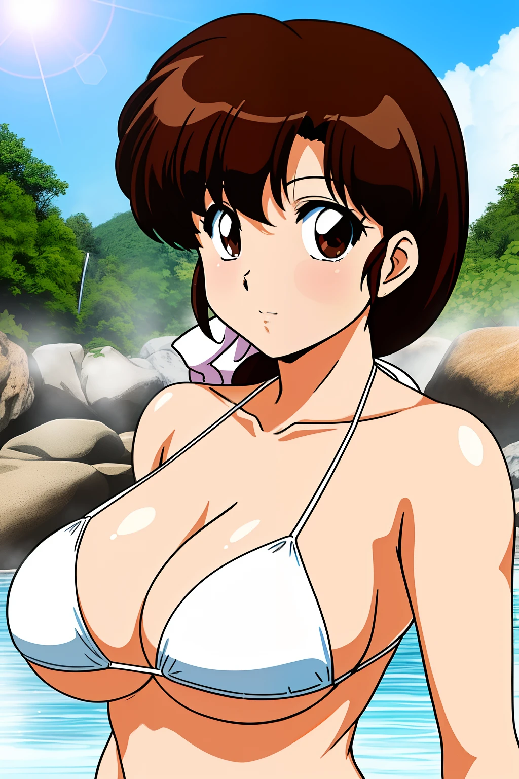 Hi-Res, 1 persons, (Tendo _Kasumi), brown_hair, up looking_で_viewer, large full breasts, White Bikini, Sunshine, Onsen