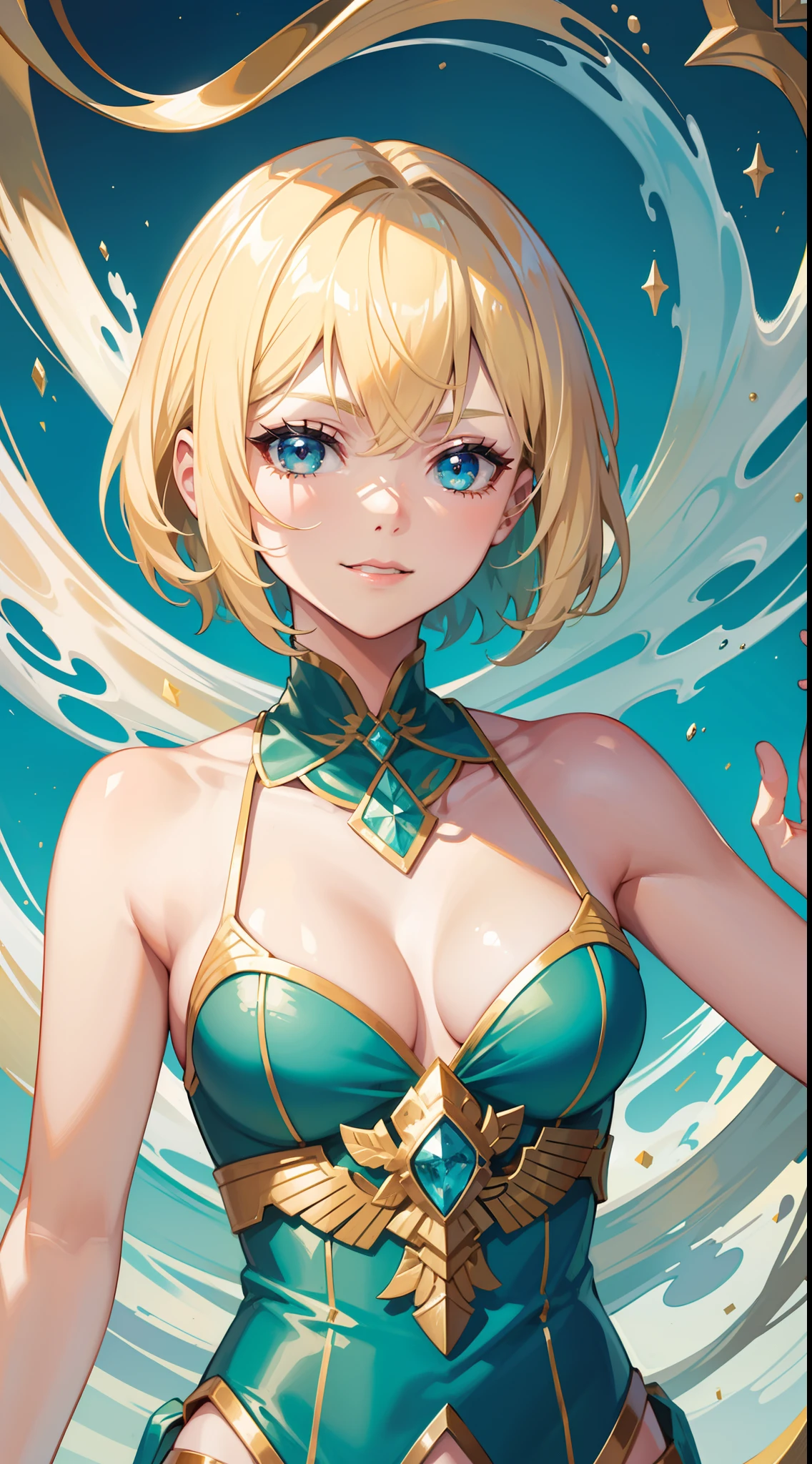 young girl, short blonde hair, turquoise eyes, smirk, Suit with white fork, Gold Elements, open shoulders, Masterpiece, hiquality, 4k, HD, Good detail
