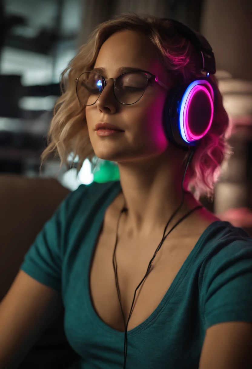 (Jennifer Lawrence) com cabelo preto,sleeping in bed and wearing gaming headphones glowing with colored light and glasses with a light on the face, foto de perfil 1024px, Streamer do Twitch, Razer, fone de ouvido cyberpunk, Streamer do Twitch / Jogador Ludwig, nice lighting