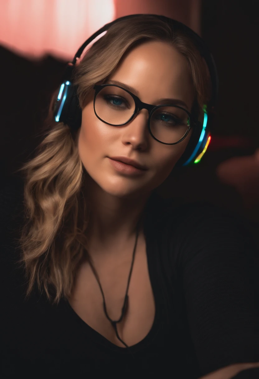 (Jennifer Lawrence) com cabelo preto ,sleeping and wearing gaming headphones glowing with colored light and glasses with a light on the face, foto de perfil 1024px, Streamer do Twitch, Razer, fone de ouvido cyberpunk, Streamer do Twitch / Jogador Ludwig, nice lighting