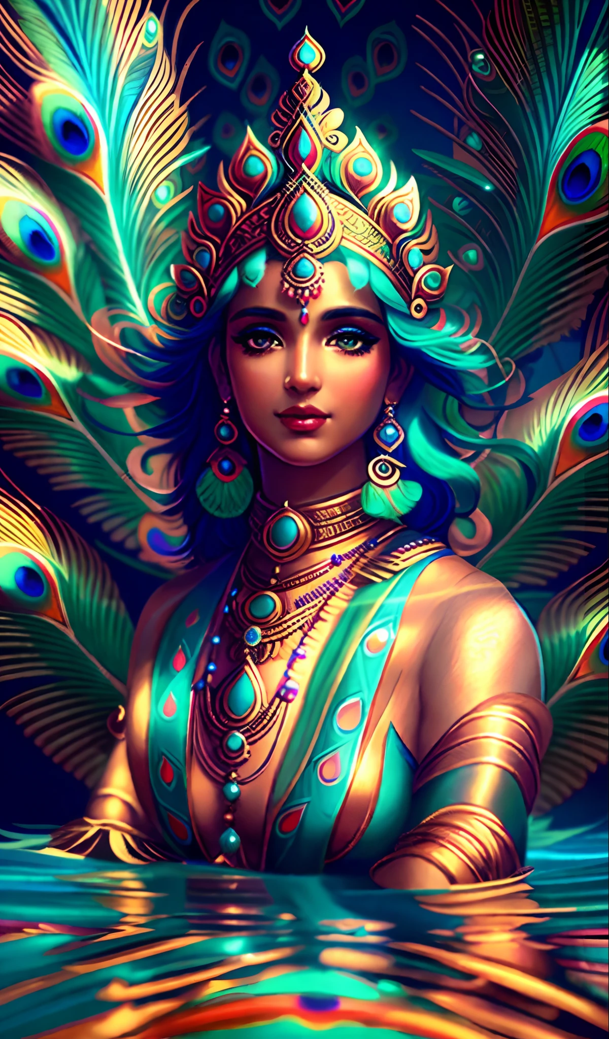 a close up of a woman with a peacock feather on her head, indian goddess, indian god, beautiful goddess, vishnu, beautiful avatar pictures, hindu god, indian goddess of wealth, portrait of a beautiful goddess, extremely detailed goddess shot, a stunning portrait of a goddess, godess, goddess art, goddess. extremely high detail, artgerm detailed