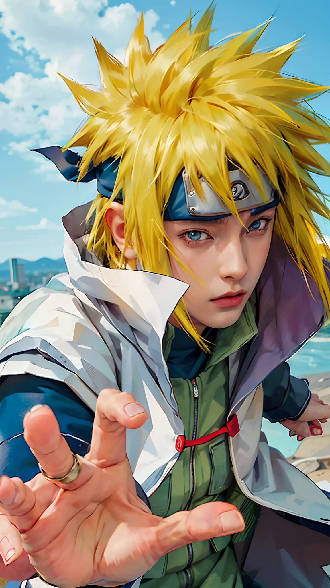 1male, namikaze in anime naruto shippuden, short hair , yellow hair, blue eyes, handsome, white clothes, realistic clothes, detail clothes, city background, ultra detail, realistic