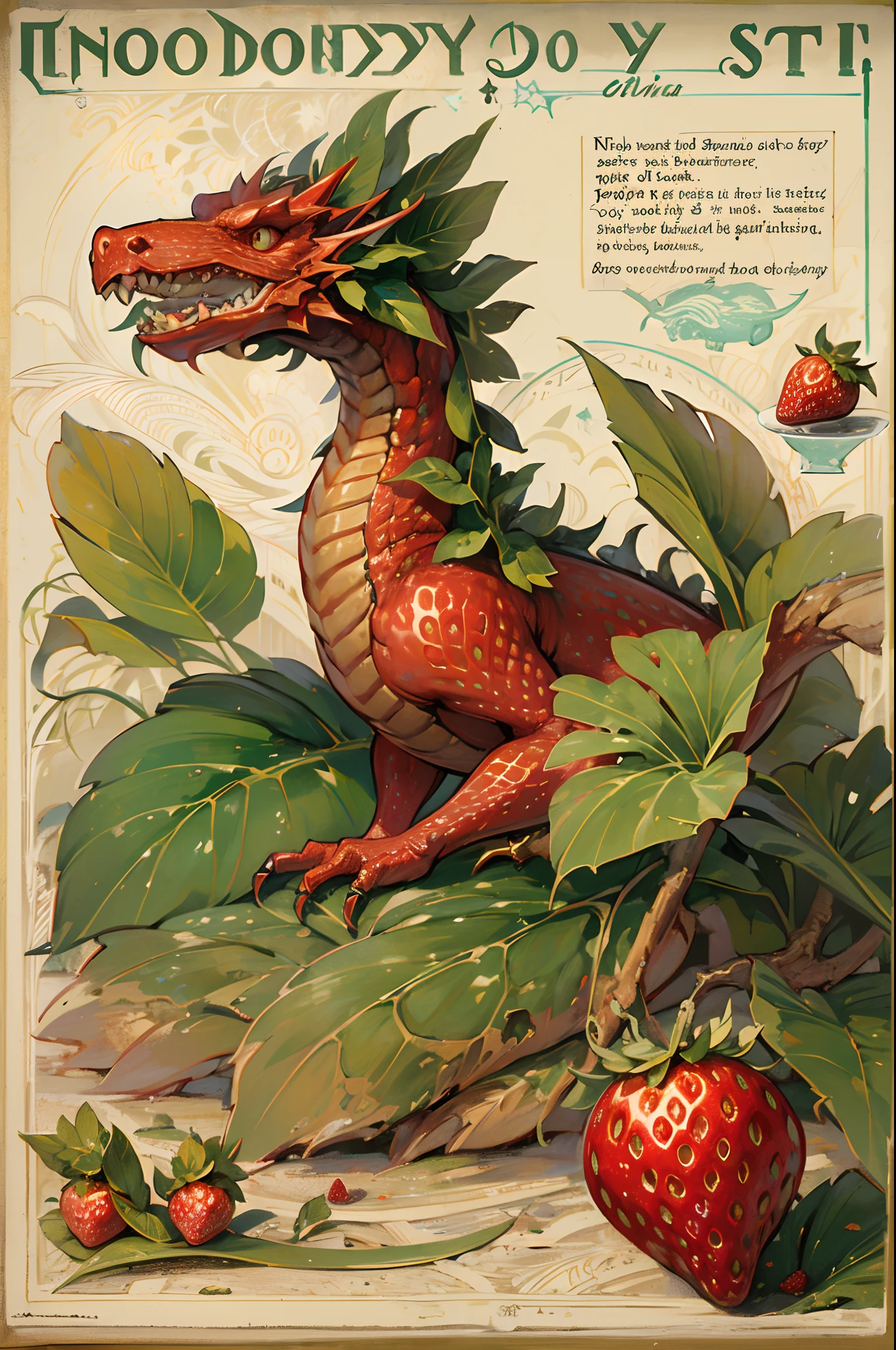 ((nobody))
Vintage Victorian style, Precise old encyclopedia (best quality:1.2), (detailed:1.2), (masterpiece:1.2), vintage illustrations of small strawberry dragon, berry dragon, red dragon, strawberries