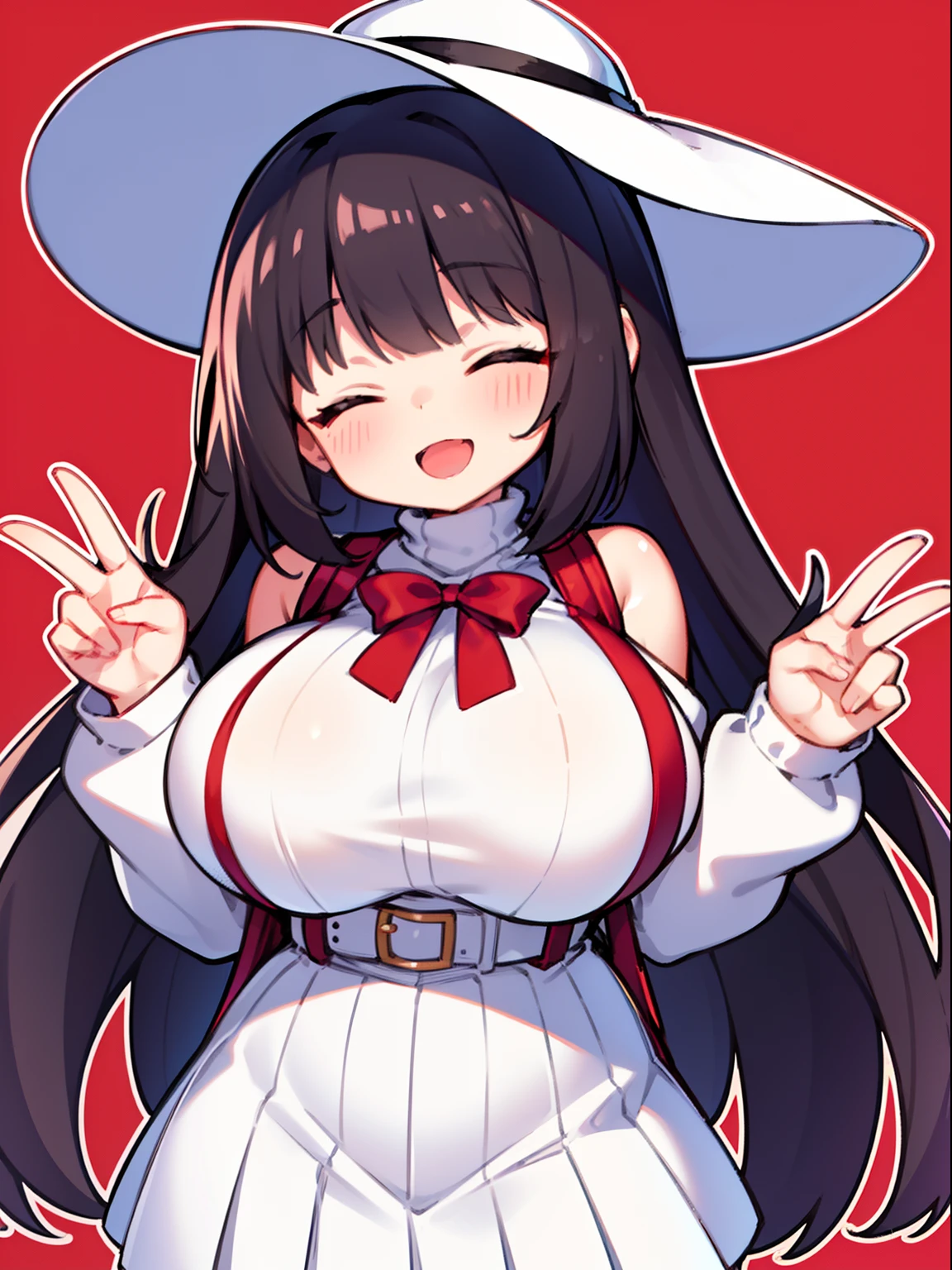 Best quality, (masterpiece:1.2), 1girl, super tall, black turtleneck sweater, no sleeves, super long curly black hair, super curly bangs, white sunhat, white pleated skirt, red shoulder bag, suspenders, dark tone skin, red background, (super massive breast:1.4), very deep breast, perfect body, standing, smile, two different eye colors, holding up peace sign, chibi, white outline