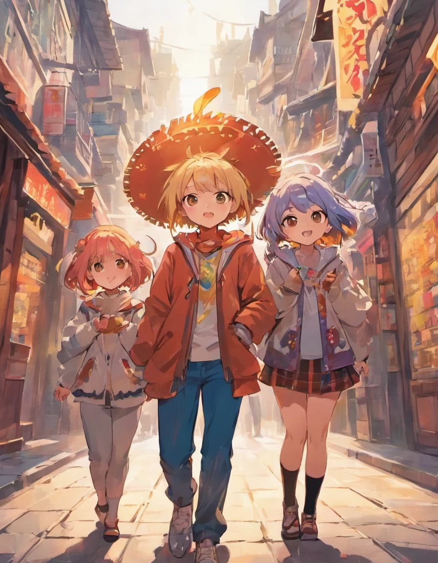 3 amigos (1 menino e 2 meninas) brincando na rua