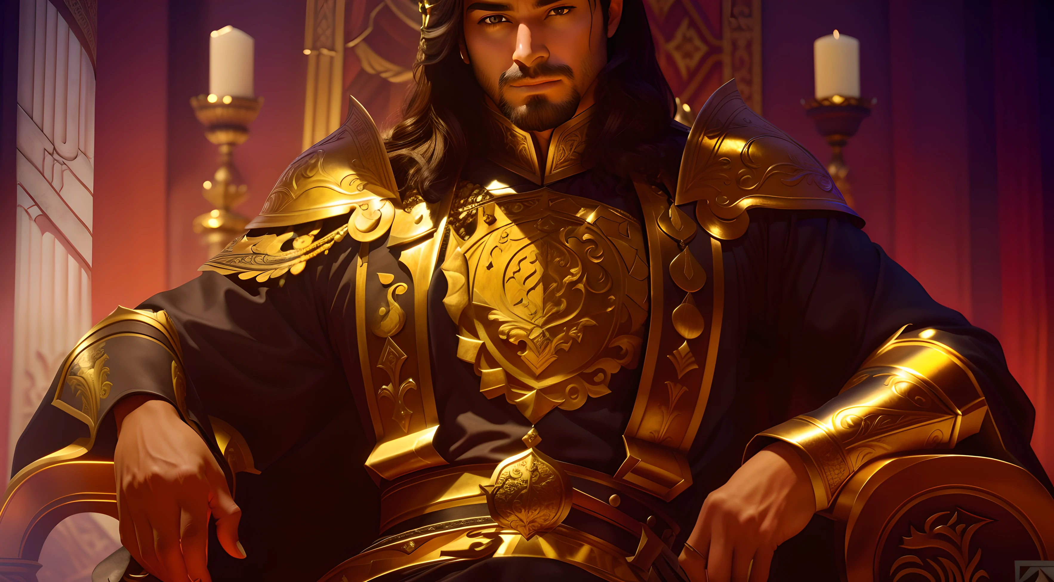 masterpiece: 1.2, best quality), realistic, (real image, intricate details, depth of field), (1boy, solo), makeup, lips perfect, highly detailed, perfect face, (skin dentition), thick thighs, wide hips, small waist, and huge black hair, wearing armor, king, sexy, dye, seductive, black, male, male, man, man, sword in hand, throne behind background, various hero pose,  man pose, crown, coronation, old, 30 years old,