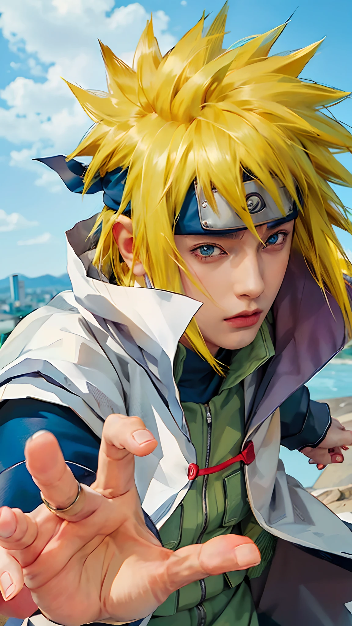 1male, namikaze in anime naruto shippuden, short hair , yellow hair, blue eyes, handsome, white clothes, realistic clothes, detail clothes, city background, ultra detail, realistic