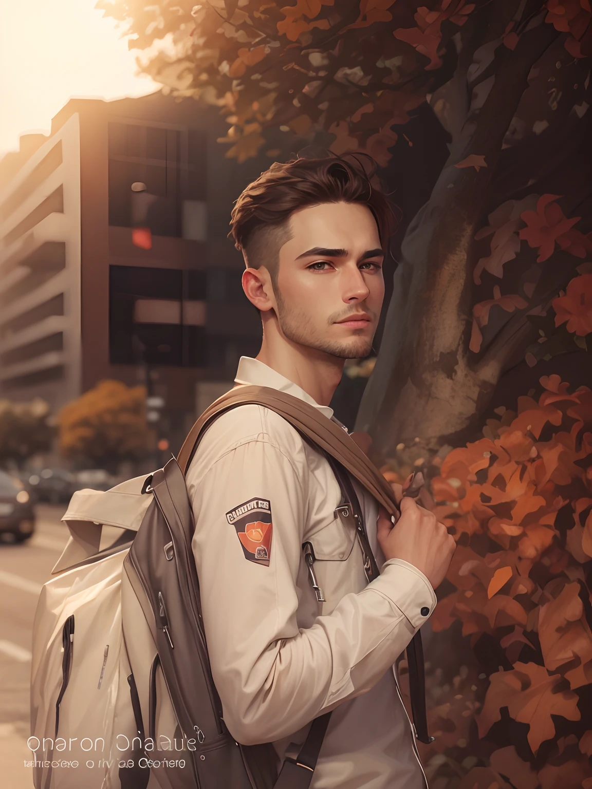 A handsome boy with a bag, change background, change clothes, realistic face,4k quality