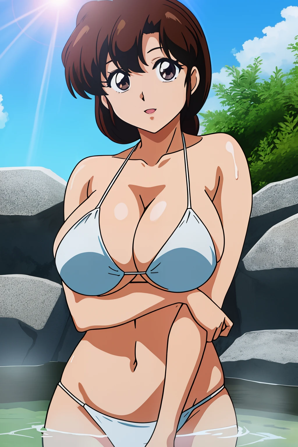 Hi-Res, 1人, (Tendou_Kasumi), brown_hair, looking_at_viewer, large breast, white bikini, sunshine, onsen