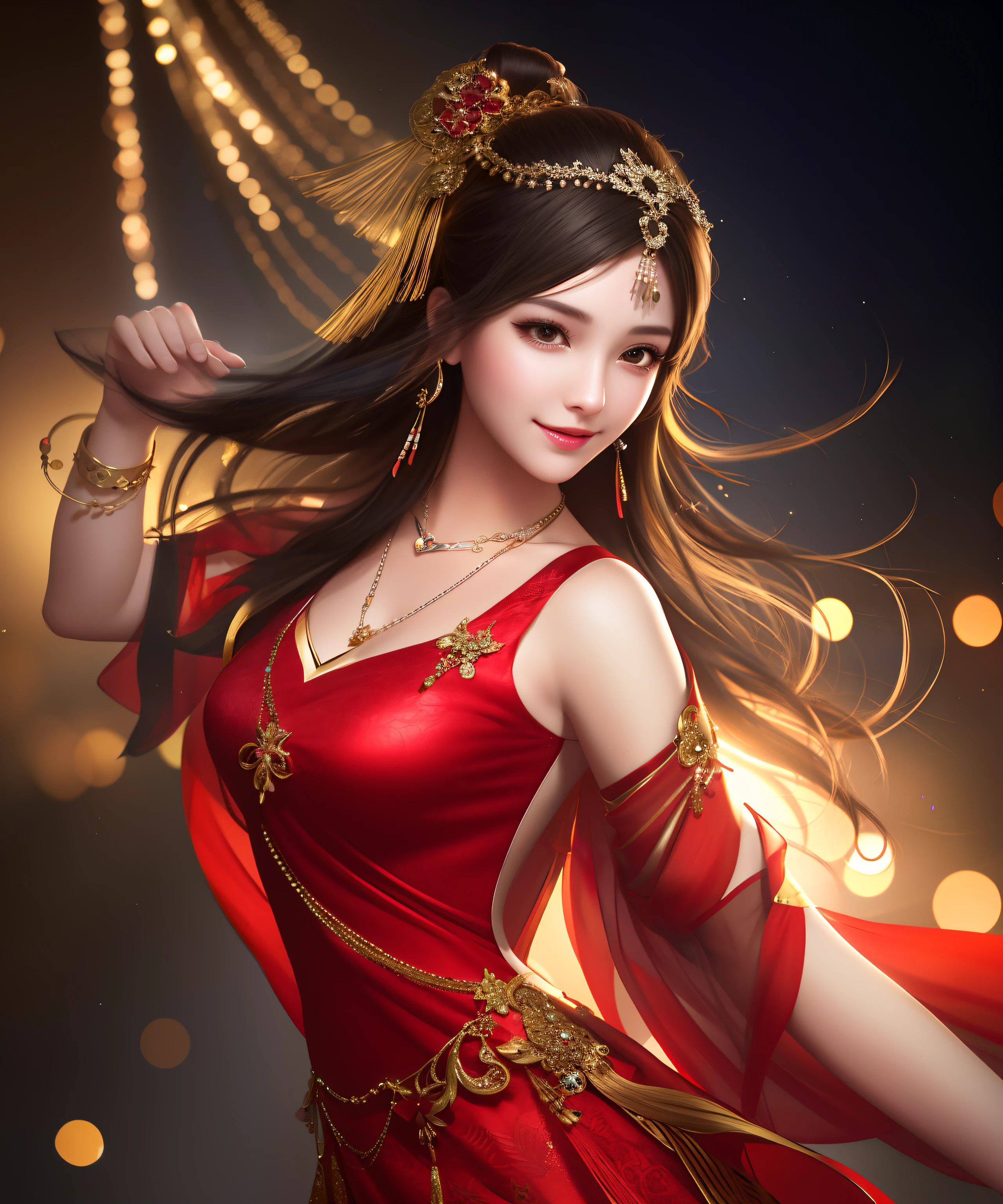 best quality, masterpiece, highres, 1girl,china dress,hair ornament,necklace, jewelry,Beautiful face,upon_body, tyndall effect,photorealistic, dark studio, rim lighting, two tone lighting,(high detailed skin:1.2), 8k uhd, dslr, soft lighting, high quality, volumetric lighting, candid, Photograph, high resolution, 4k, 8k, Bokeh, happy smile