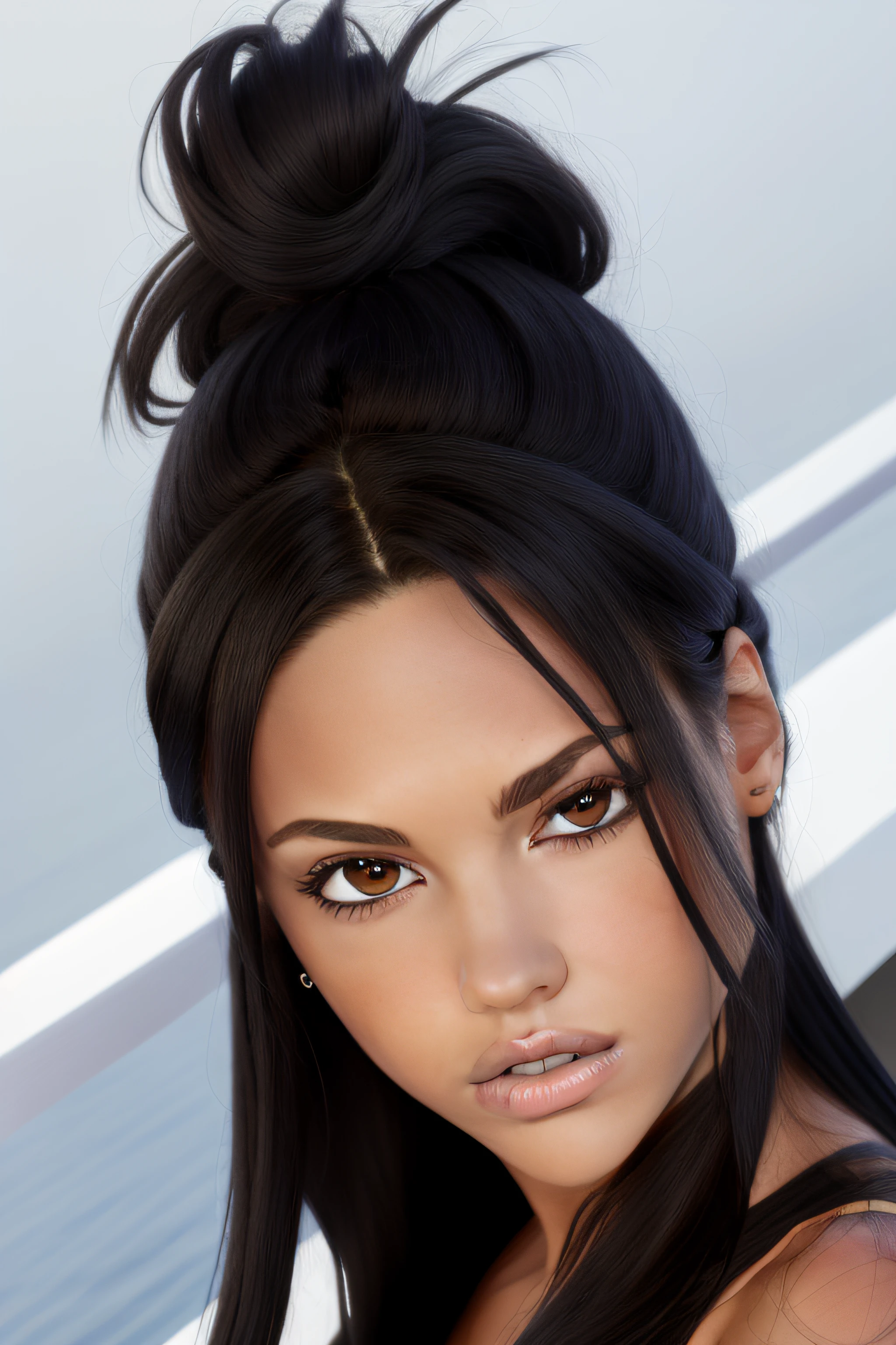 Top Quality, Masterpiece, Ultra High Definition, (Photorealistic:1.4), 1Girl, caucasian, tanned, Look Viewer, Black_Hair, Black Eyes, White Shirt, glamor, attractive, pretty, beautiful, perfect,