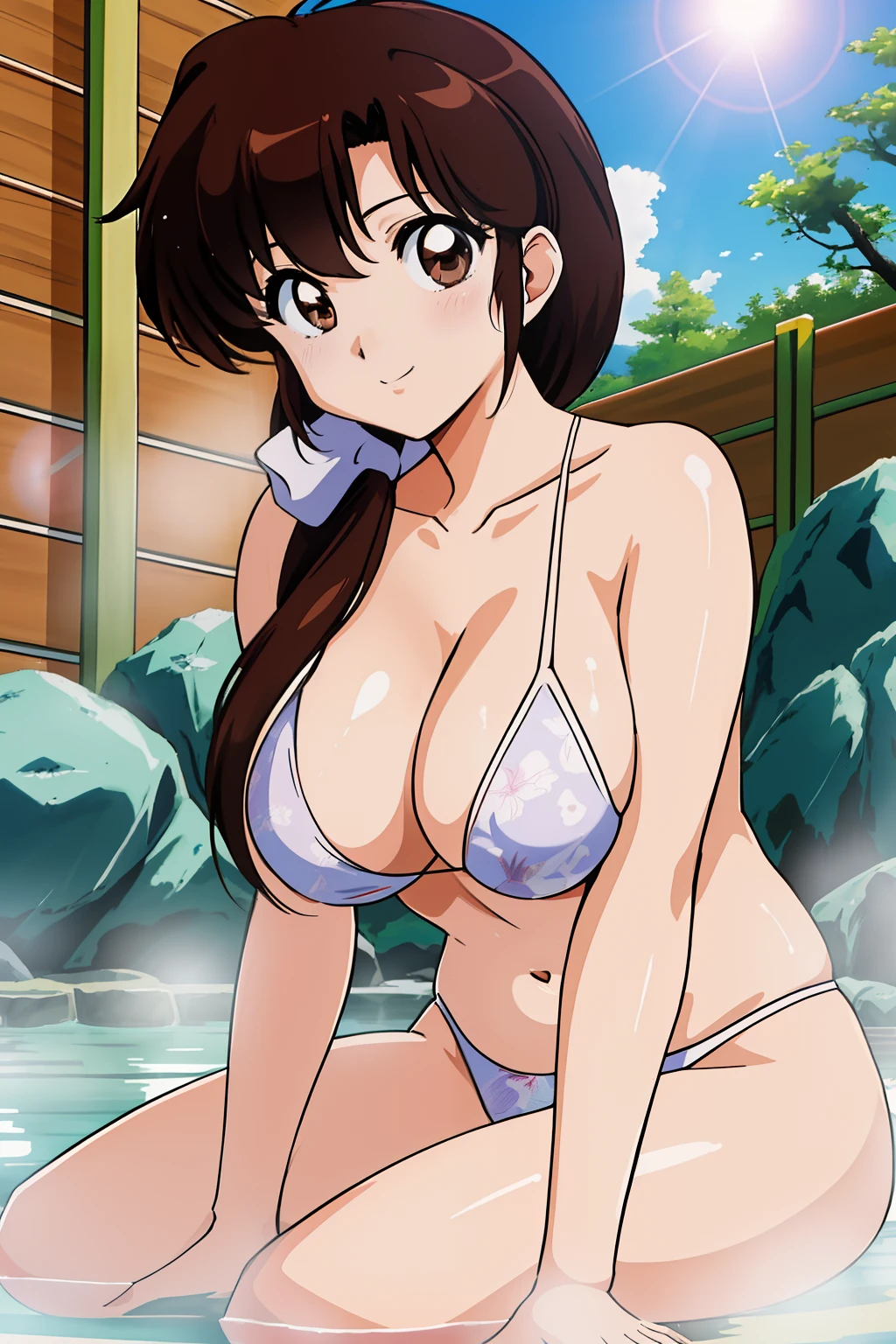 Hi-Res, 1人, (Tendou_Kasumi), brown_hair, looking_at_viewer, large breast, sw, sunshine, onsen