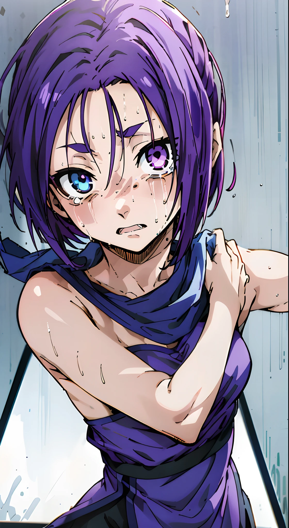 (Best Quality,Ultra High Resolution,masutepiece:1.2),ultra-detailliert,Blue-haired girl,Reo Mikage,Blue Lock,Purple eyes,Shoulderless clothing,Colorful,Close observation,Fine details,Off shoulder dress,Choker,Camisole,Topless with camisole,Chinese dress,arm warmer,scarf,Busty Female Character,Solo,Sharp facial features,Heterochromia,verd s eyes,Purple eyes,Crying with tears in her eyes