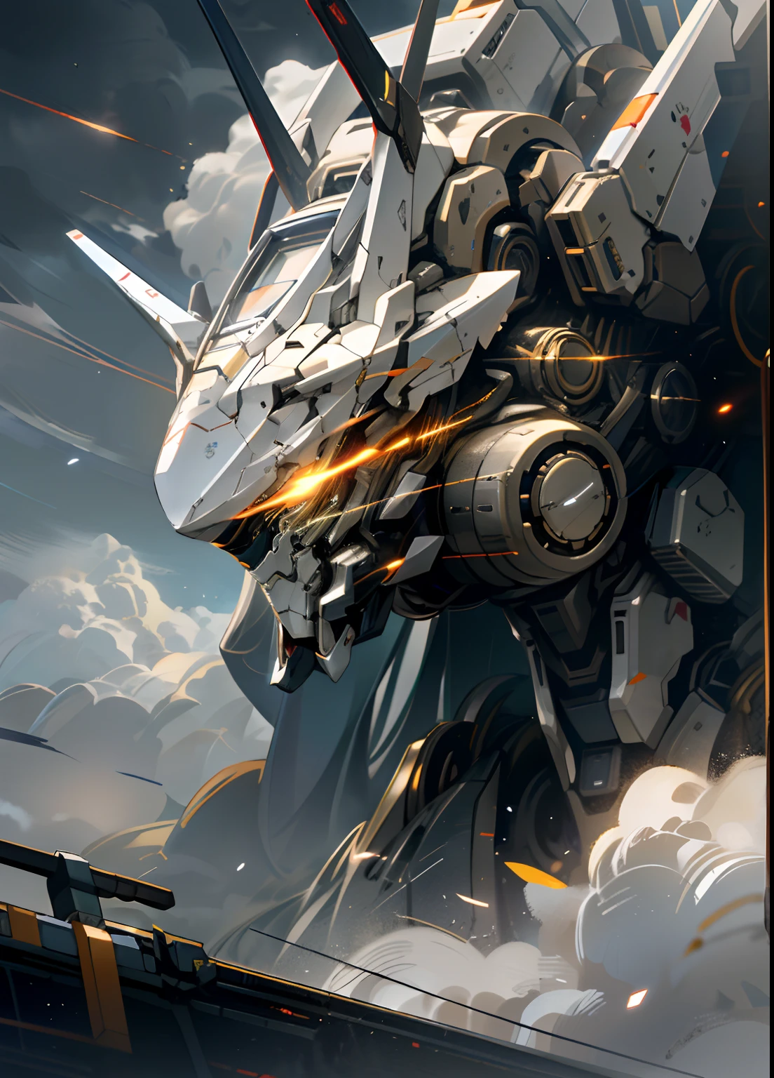 Skysky,clouds,holding_weapon,no_humans,with light glowing,,droid,buliding,glowing_eyes,mecha,scientific fiction,城市,Realistis,mecha,Up to MK2,Amuro