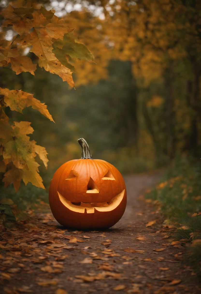 autumn, There is a large pumpkin on the path, a beautiful background, leaves, the trees, Bokeh background