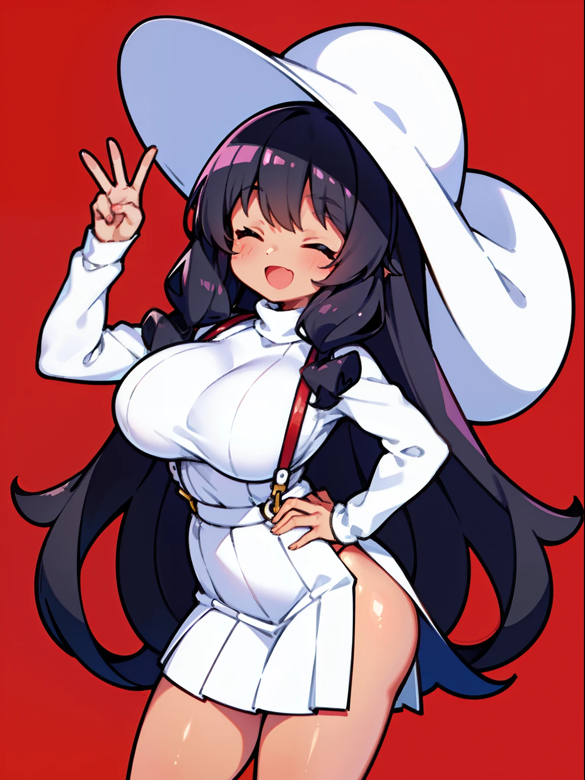 1 girl,Solo,shiny hair, black hair, eyes,black,best quality, very aesthetic, absurdres, very sweaty,absurdres,(huge)(dark red),female pov,upperlatin girl cartoon with big posing with fingers making peace sign, multiple girls, breang hair, pasties, hat, blush, black hair, nurse cap, heart pasties, smile, navel, sweat, nude, heartuble v, looking at viewer, open mouth,feet,outside,