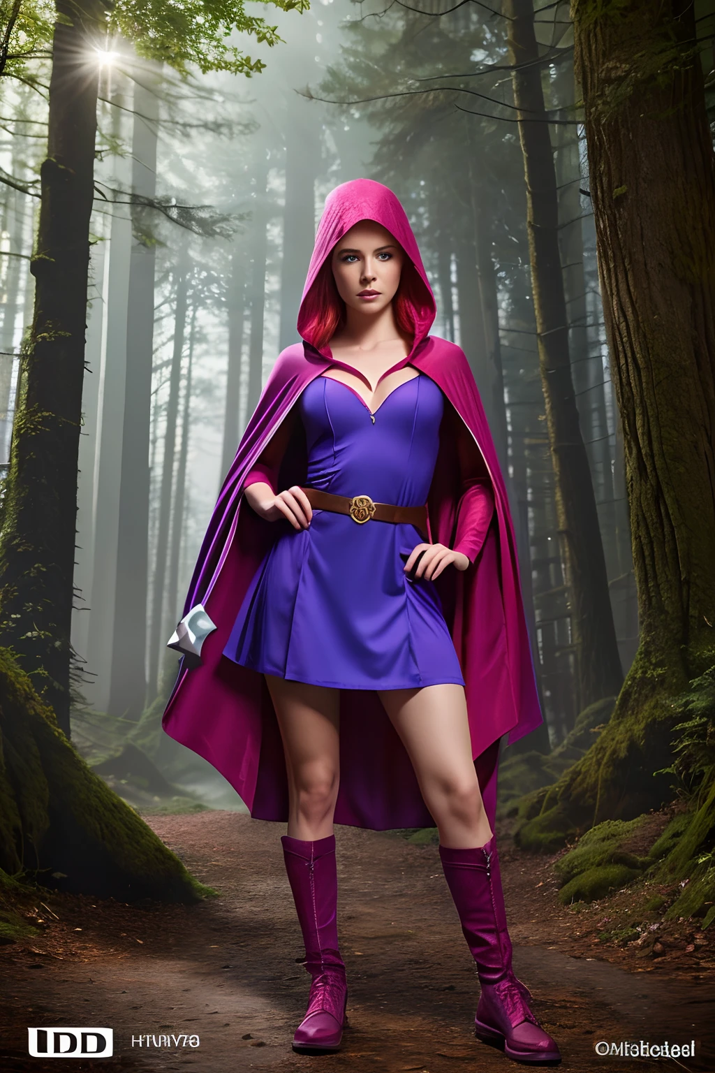 UHD 8K scene, hyper-real photo quality, beautiful young woman, red hair, bright blue eyes, short pink dress with thief outfit, purple hooded cape, character Sheila from Dungeons and Dragons, in the middle of a forest