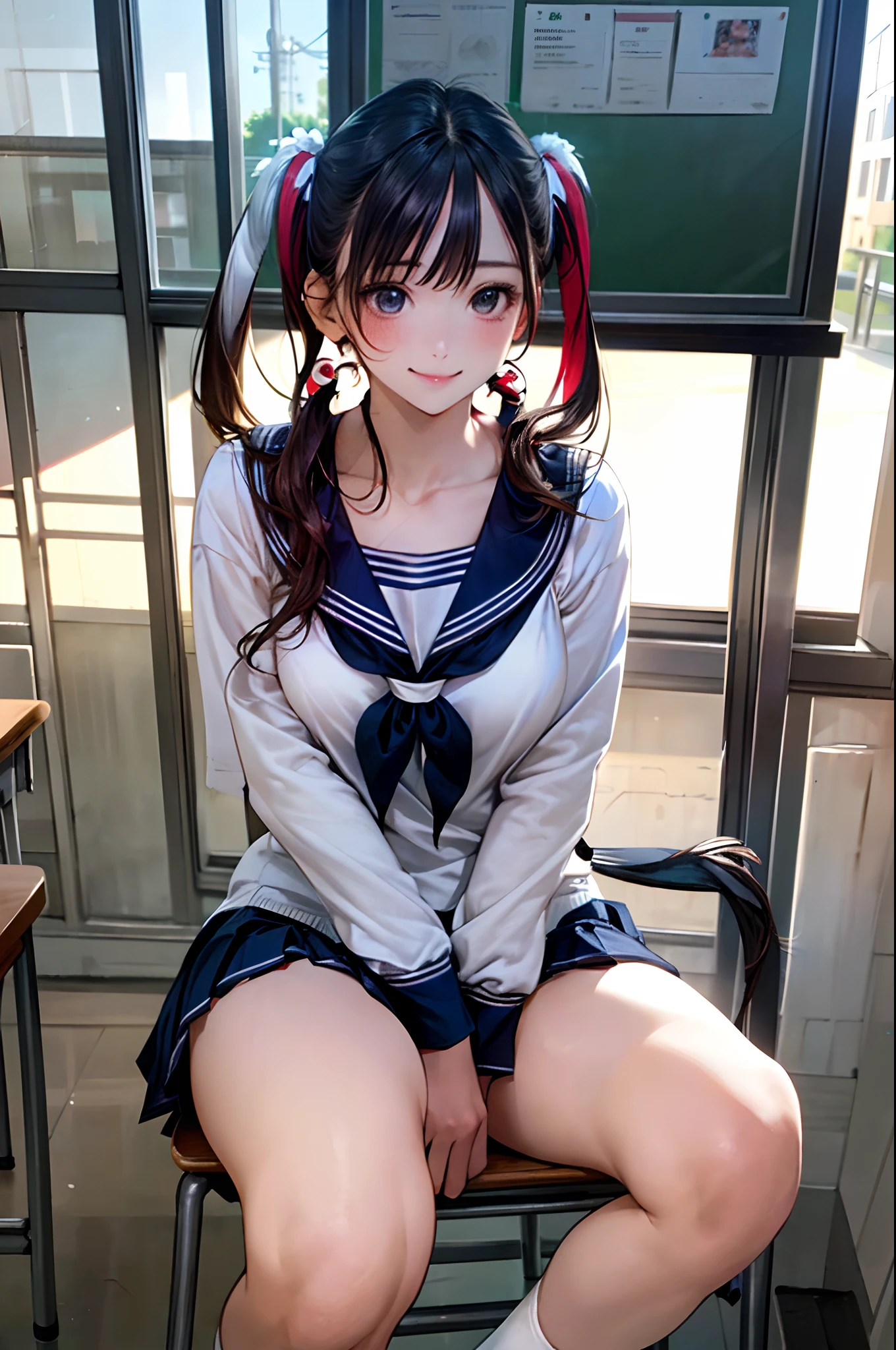 (masterpiece:1.2, top-quality), (realistic, photorealistic:1.4), beautiful illustration, 
looking at viewer, looking away, full body,
1 girl, japanese, high school girl, (long hair:1.4), blong hair, (twin tail:1.7), large breasts:0.8, white skin
beautiful hair, beautiful face, beautiful detailed eyes, beautiful clavicle, beautiful body, beautiful chest, beautiful thigh, beautiful legs, 
(beautiful scenery), , classroom, desks, chairs, 
((cute school uniform, long sleeves, pleated skirt, sailor collar, scarf)), white panties, shoes, 
sitting, sit in a chair, 
(seductive smile, ashamed, tremble),