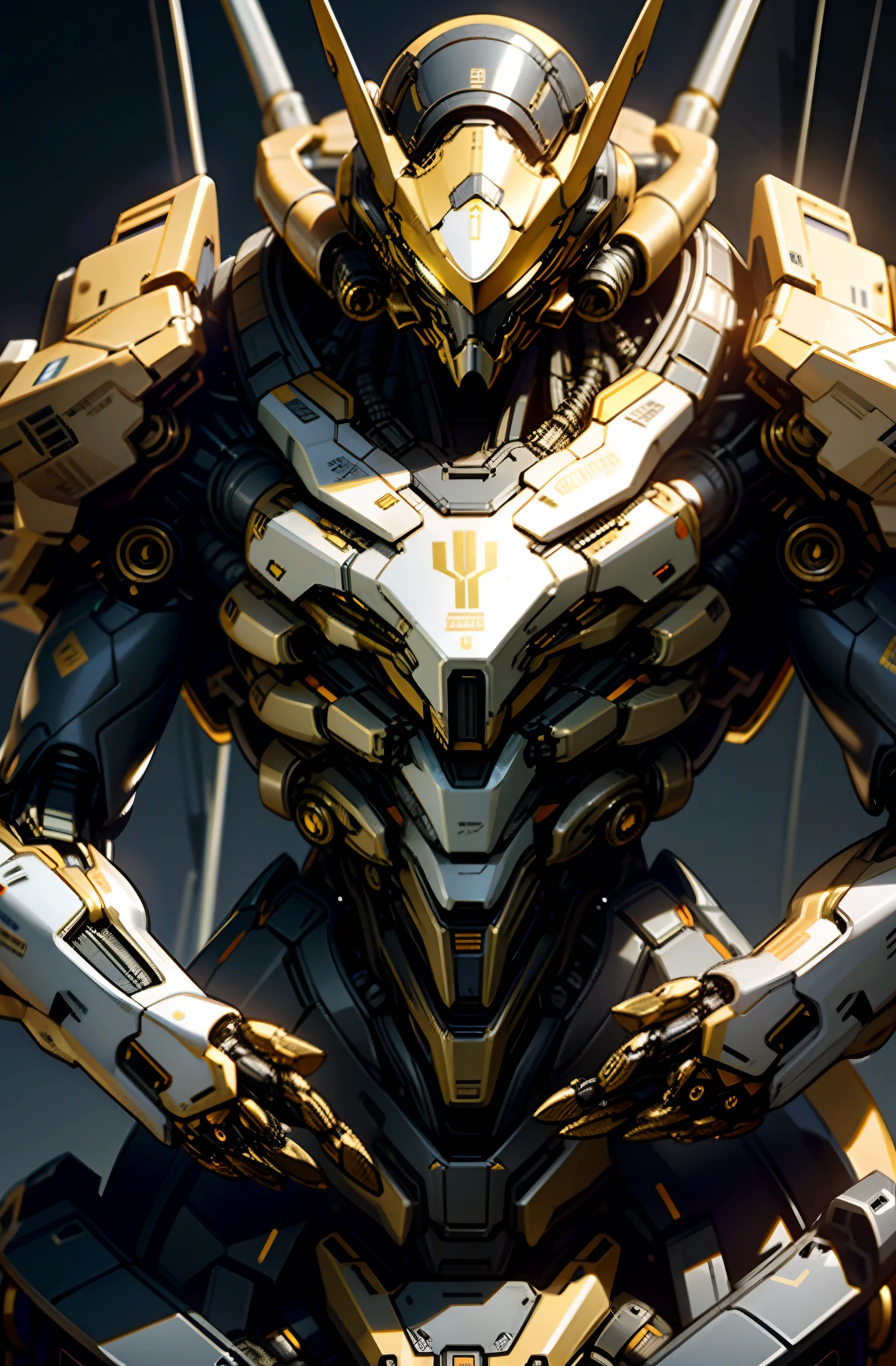 dark fantacy， cyber punk perssonage， Mechanical Marvel， golden colored： 1.1， mechs，Runaway，EVA